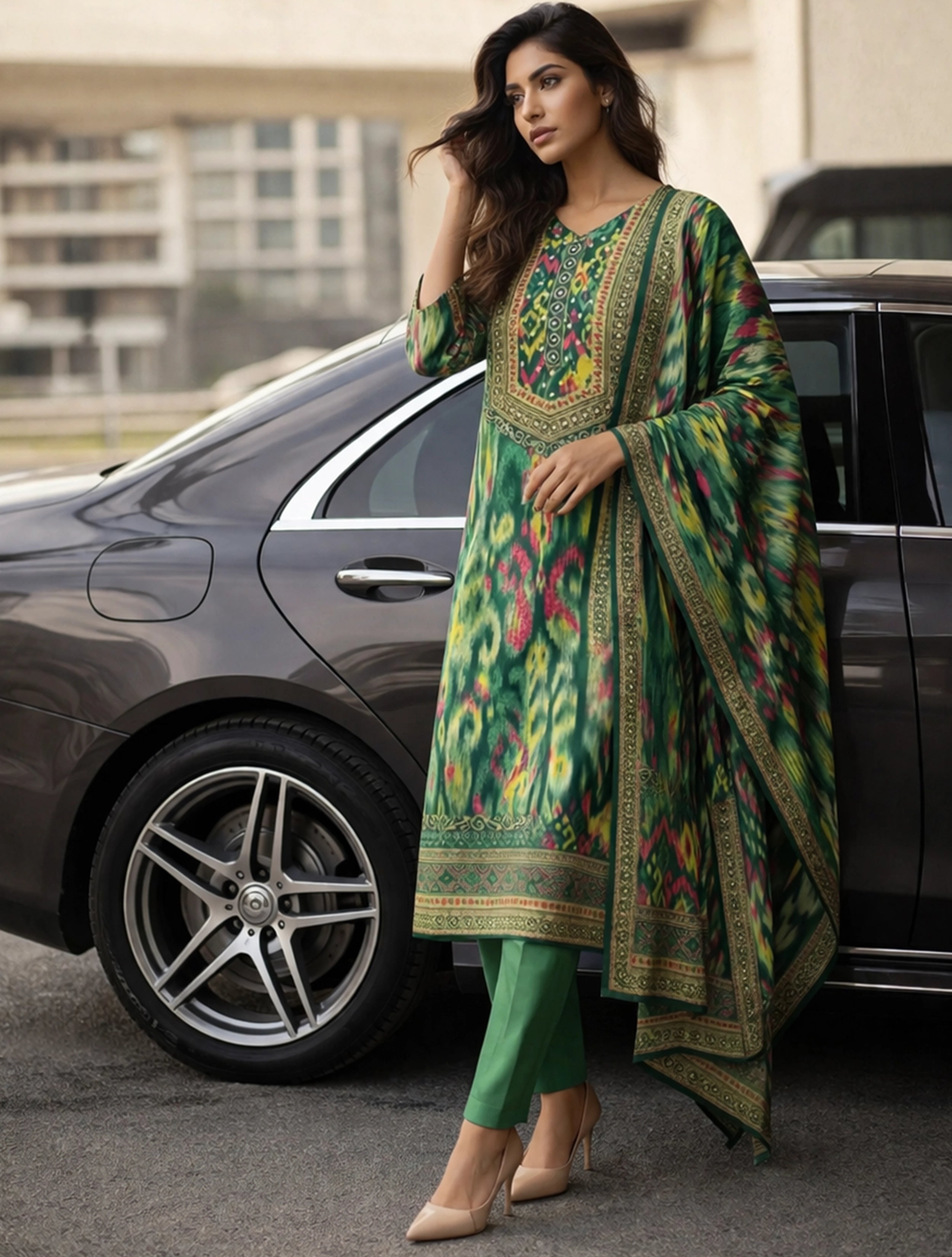 trueBrowns Green Ikat Print Embroidered V-Neck Kurta Pant Dupatta Set