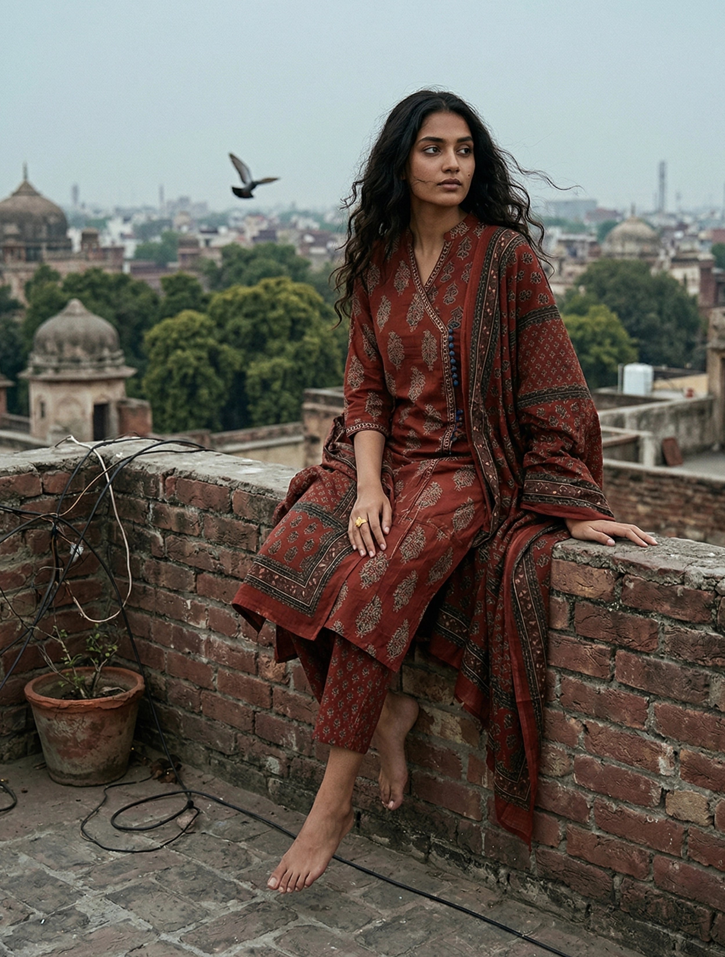 trueBrowns Rust Boota Print Angrakha Kurta Pant Dupatta Set
