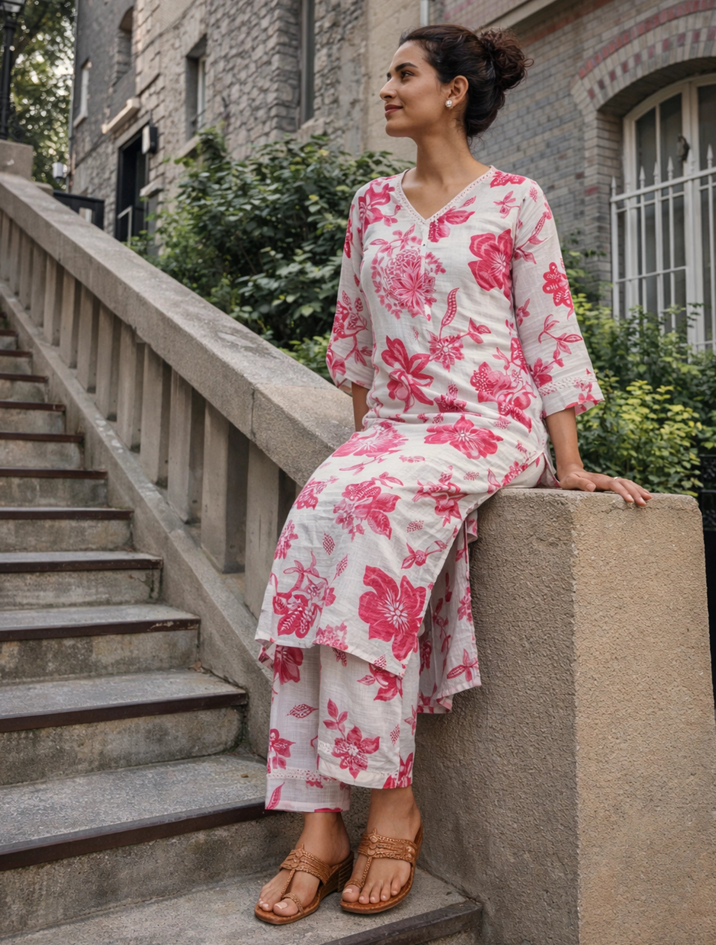 trueBrowns White Pink Floral Print Kurta Pant Set