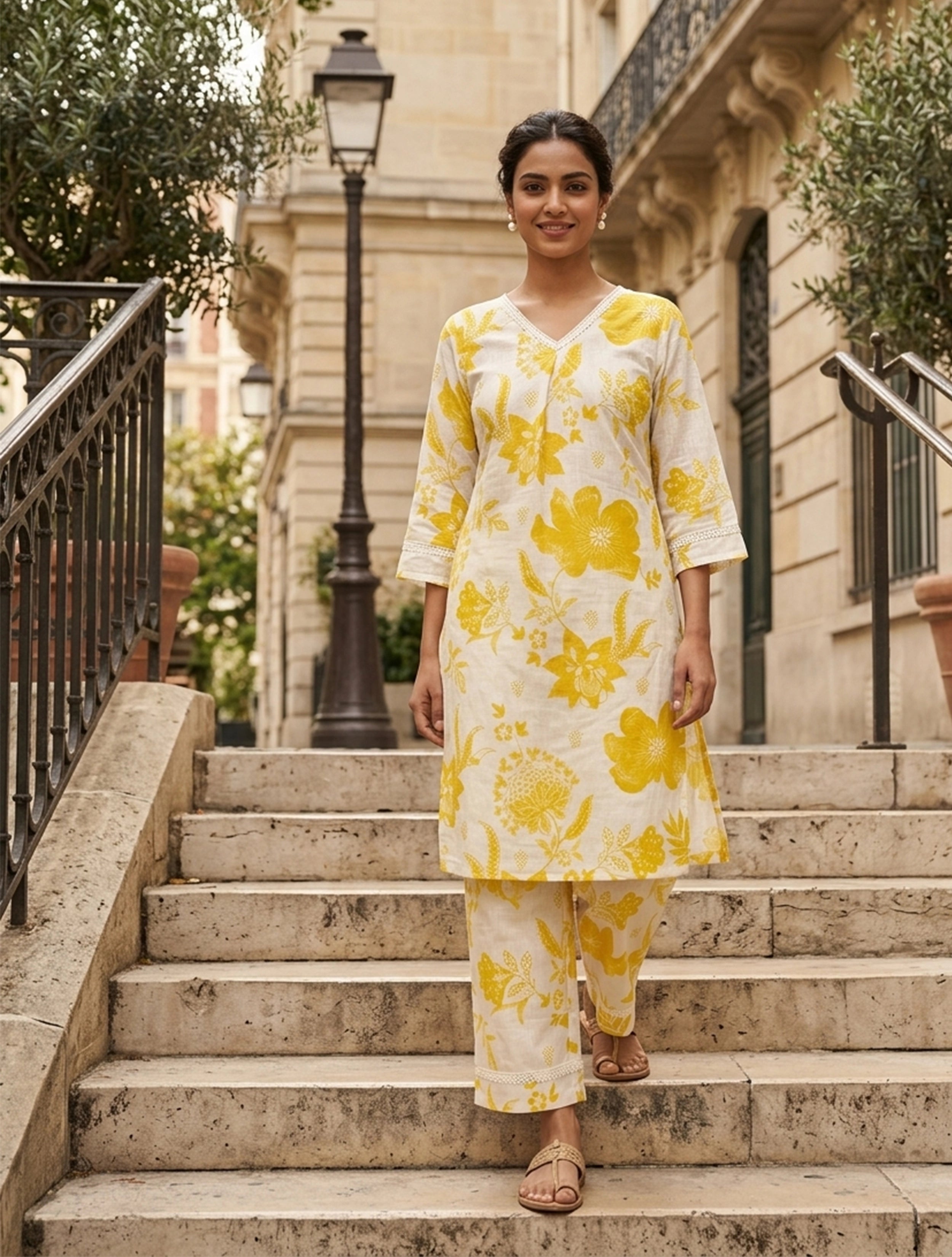 trueBrowns White Yellow Floral Print Kurta Pant Set