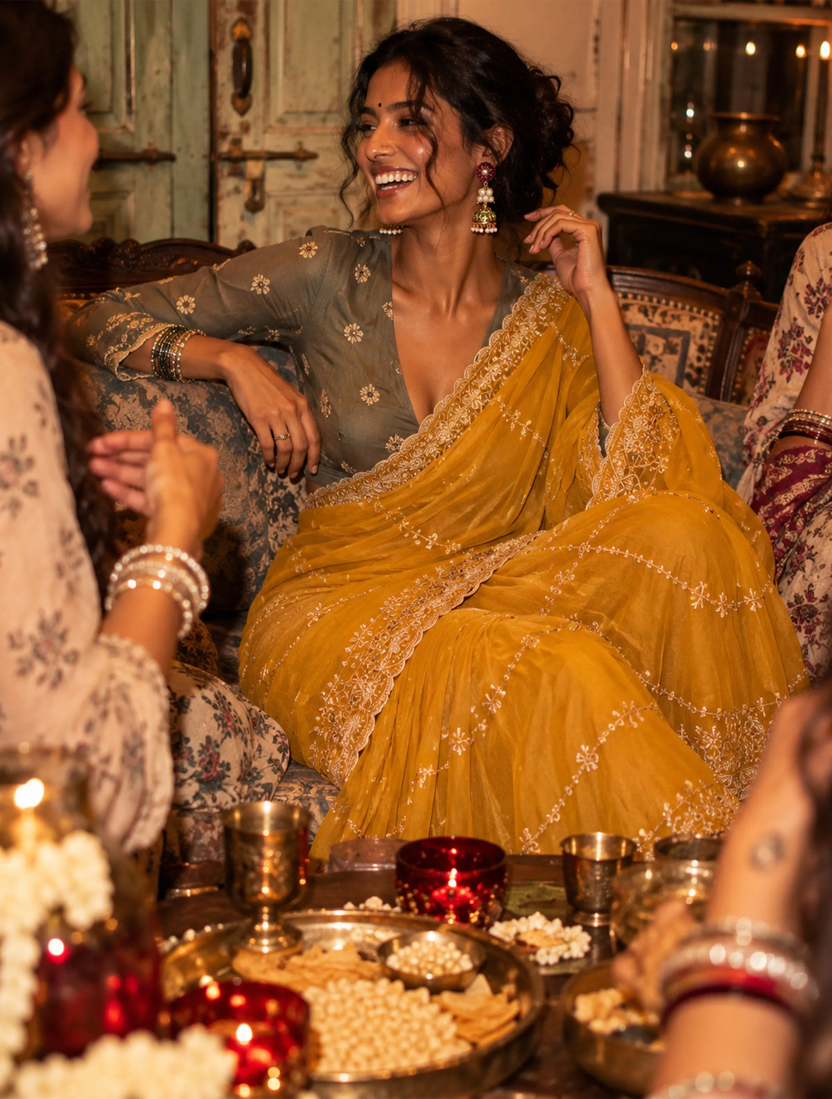 trueBrowns Mustard Gold Jaal Embroidered Georgette Saree With Unstitched Blouse