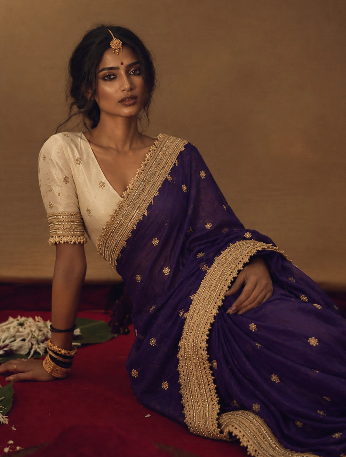 trueBrowns Purple Embroidered Satin Tissue Saree With Unstitched Blouse