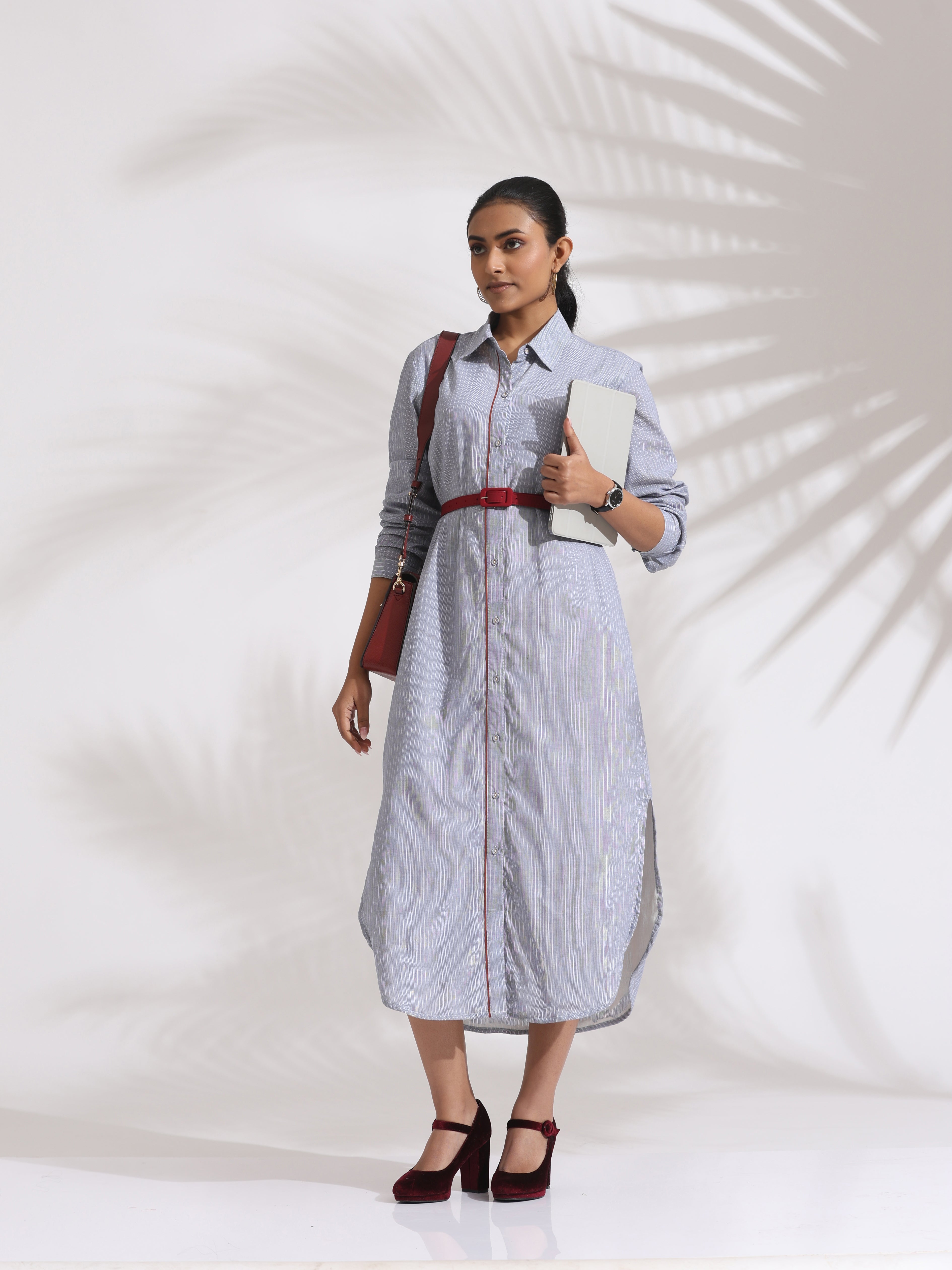 trueBrowns Grey Stripe Cotton Shirt Dress
