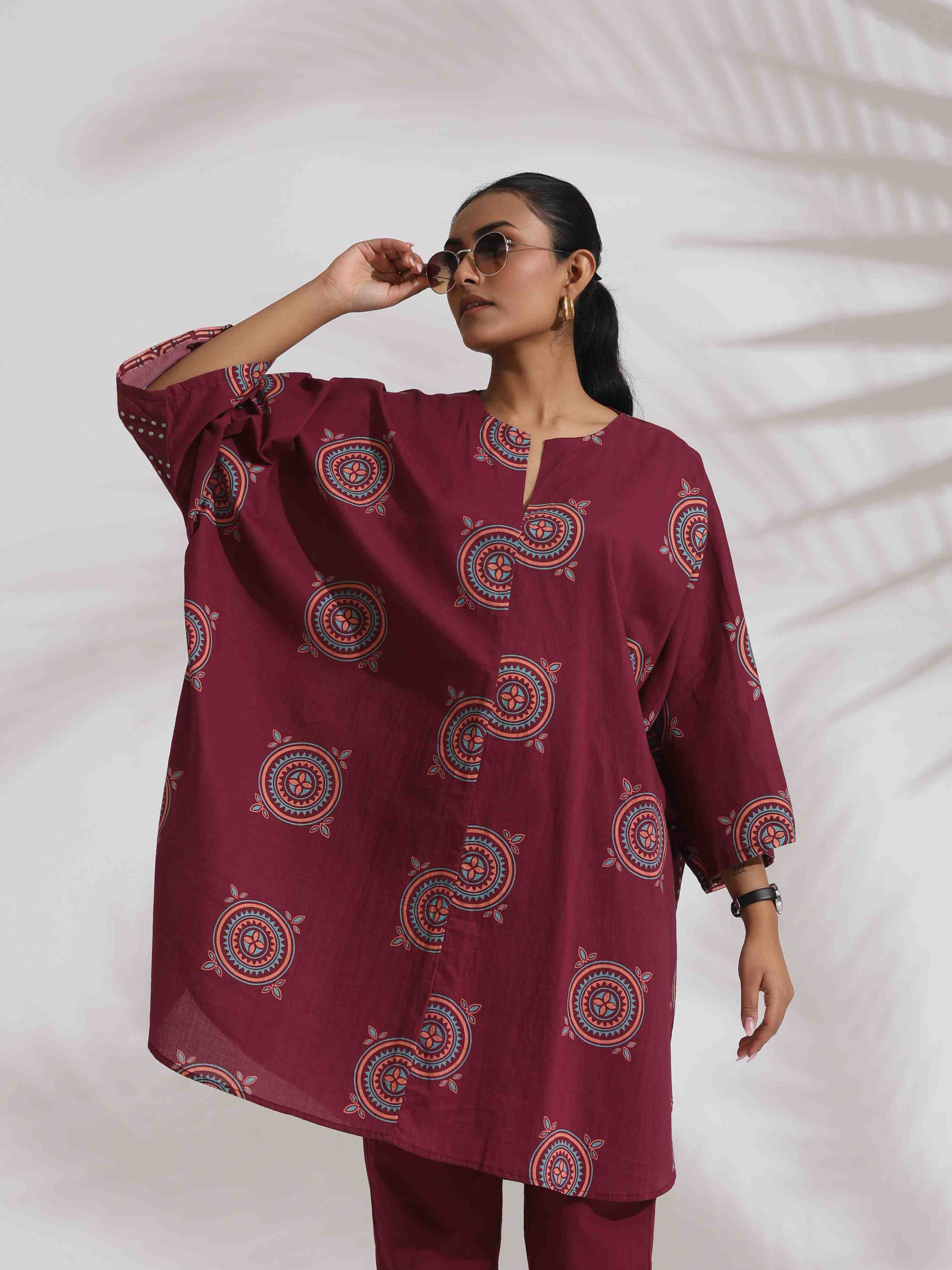 trueBrowns Purple Cotton Print Kurta Co-ord Set