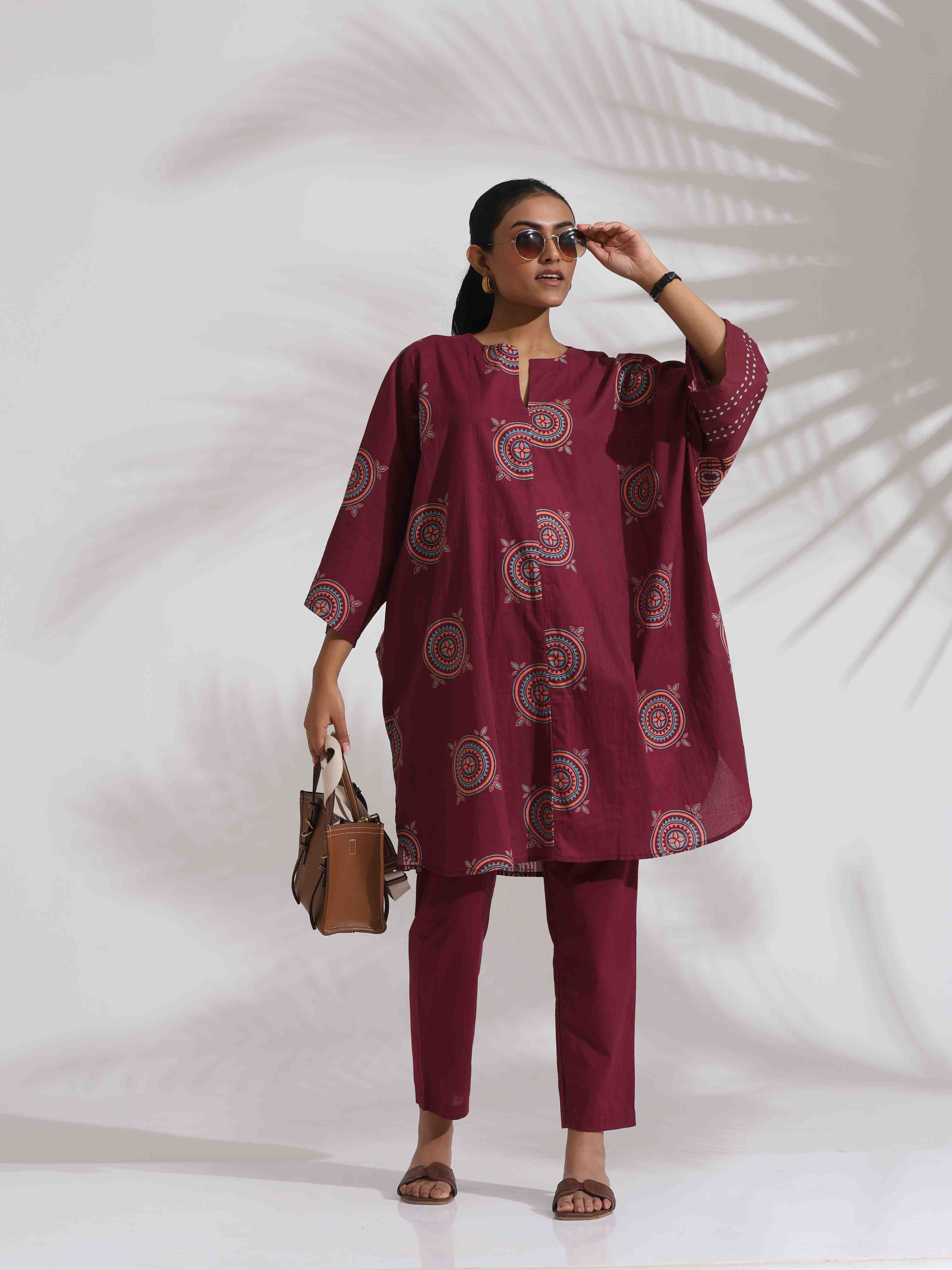 trueBrowns Purple Cotton Print Kurta Co-ord Set