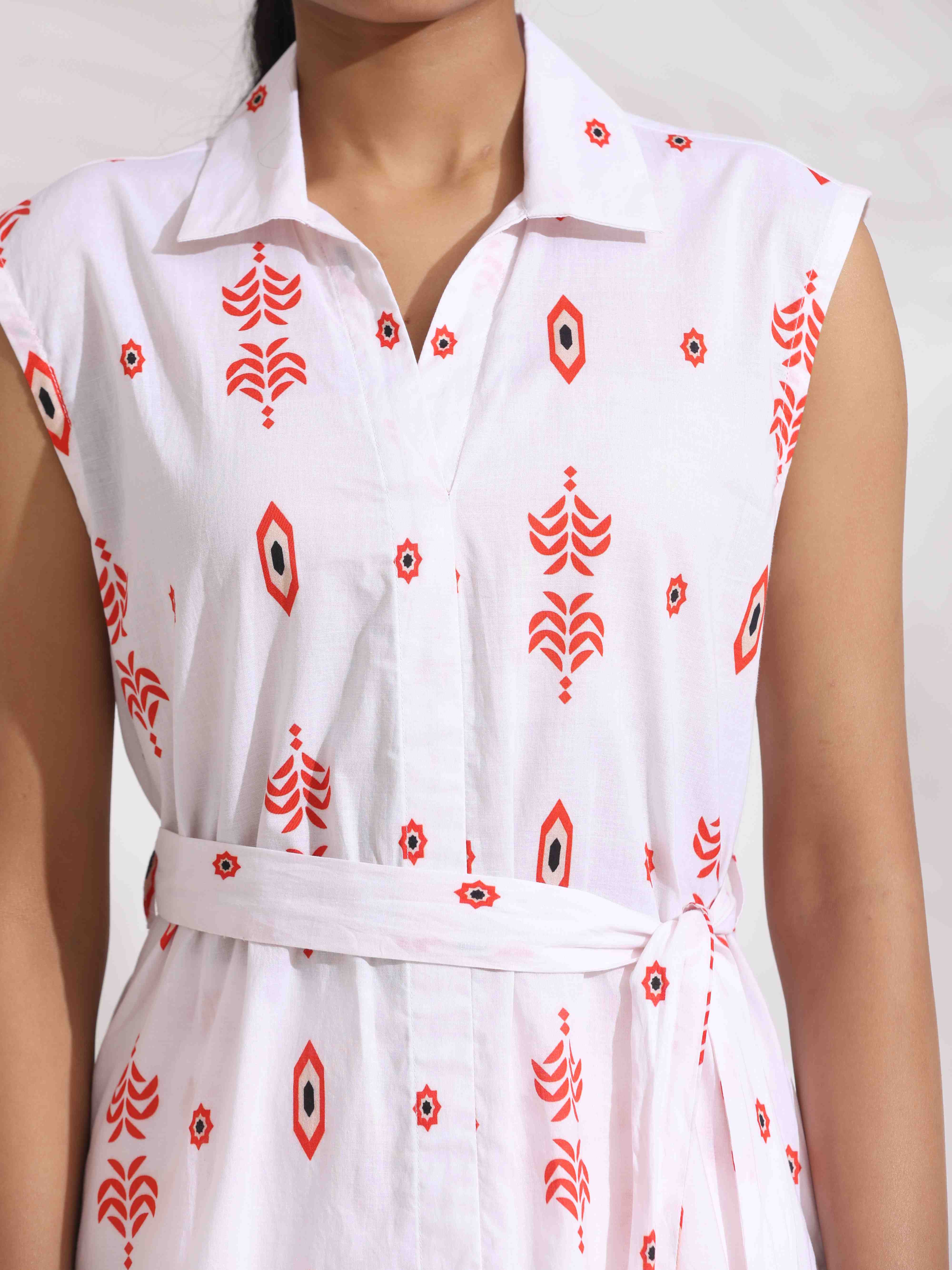 trueBrowns White Cotton Print Tie-up Top & Pants Co-ord Set