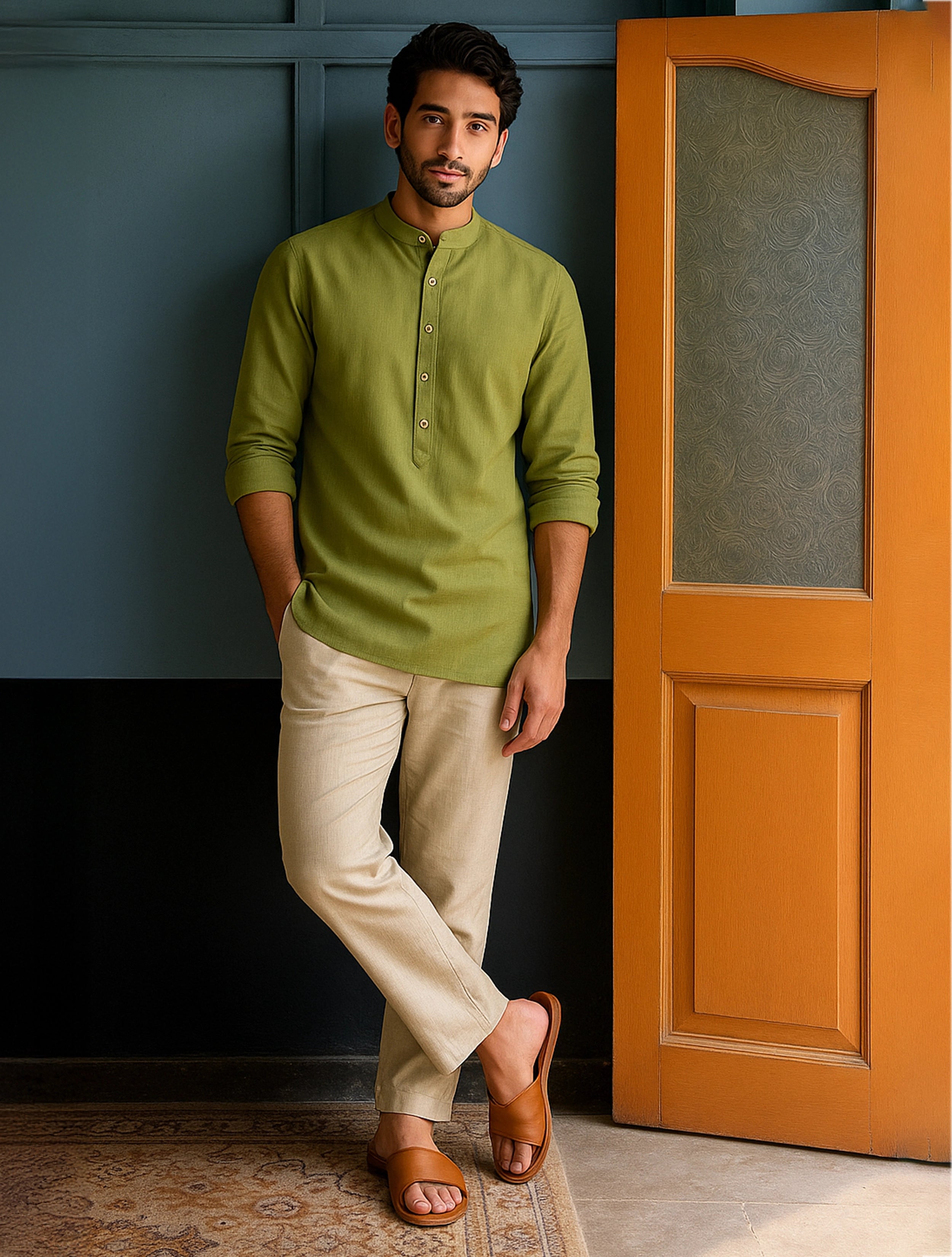 trueBrowns Men's Green Cotton Shirt