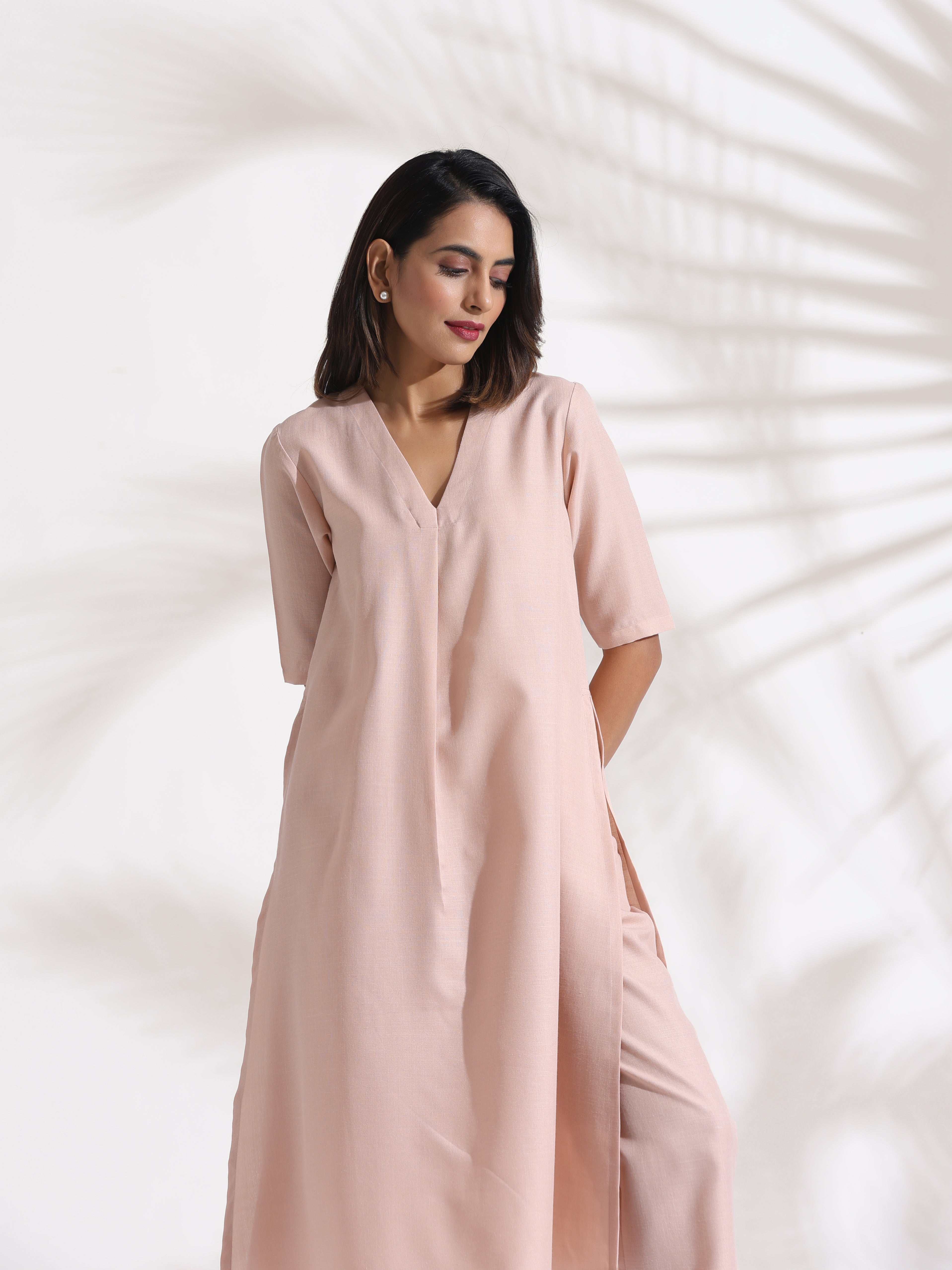 trueBrowns Light Pink Slub Kurta Set