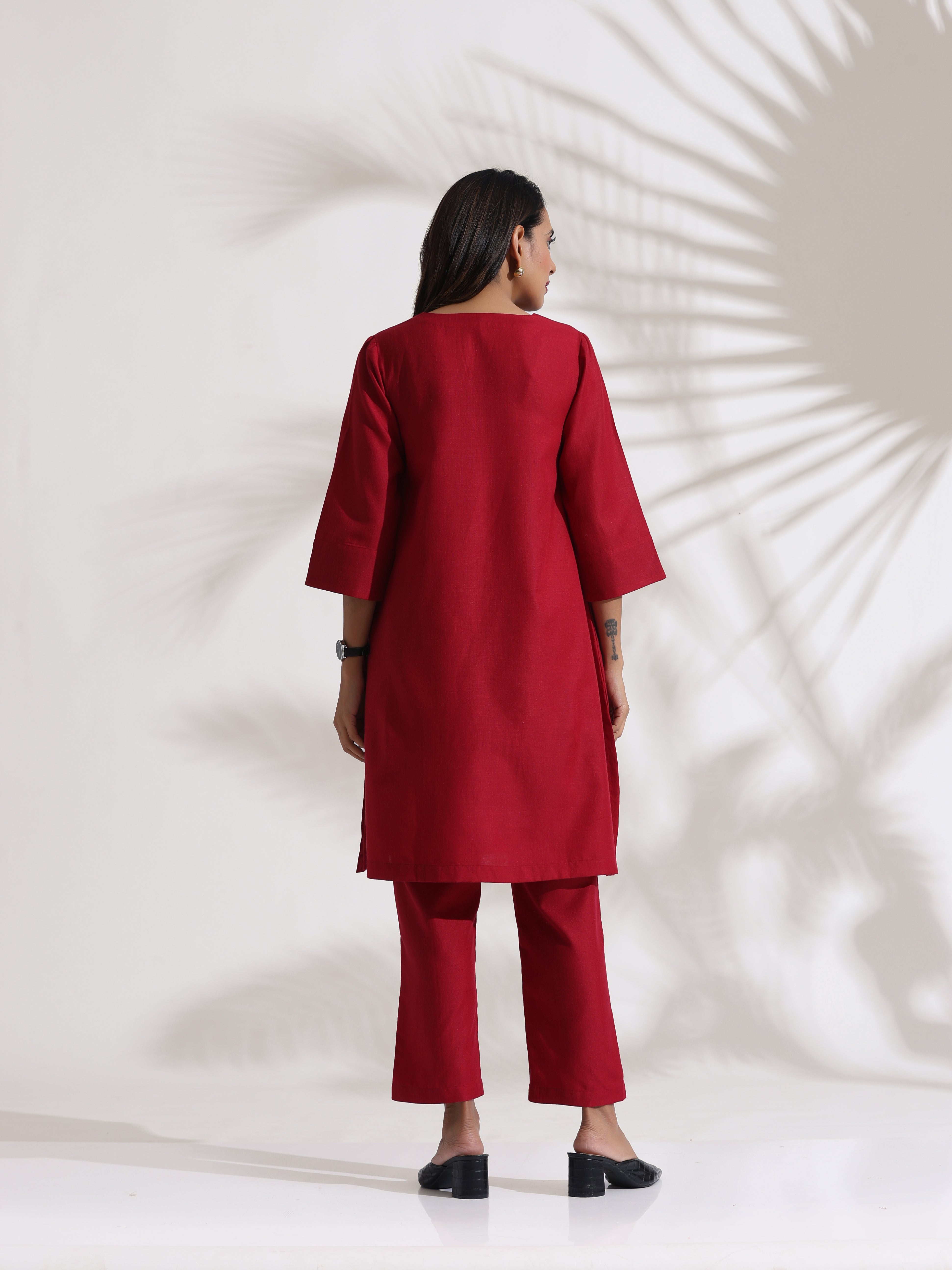 trueBrowns Maroon Slub Kurta Co-ord Set