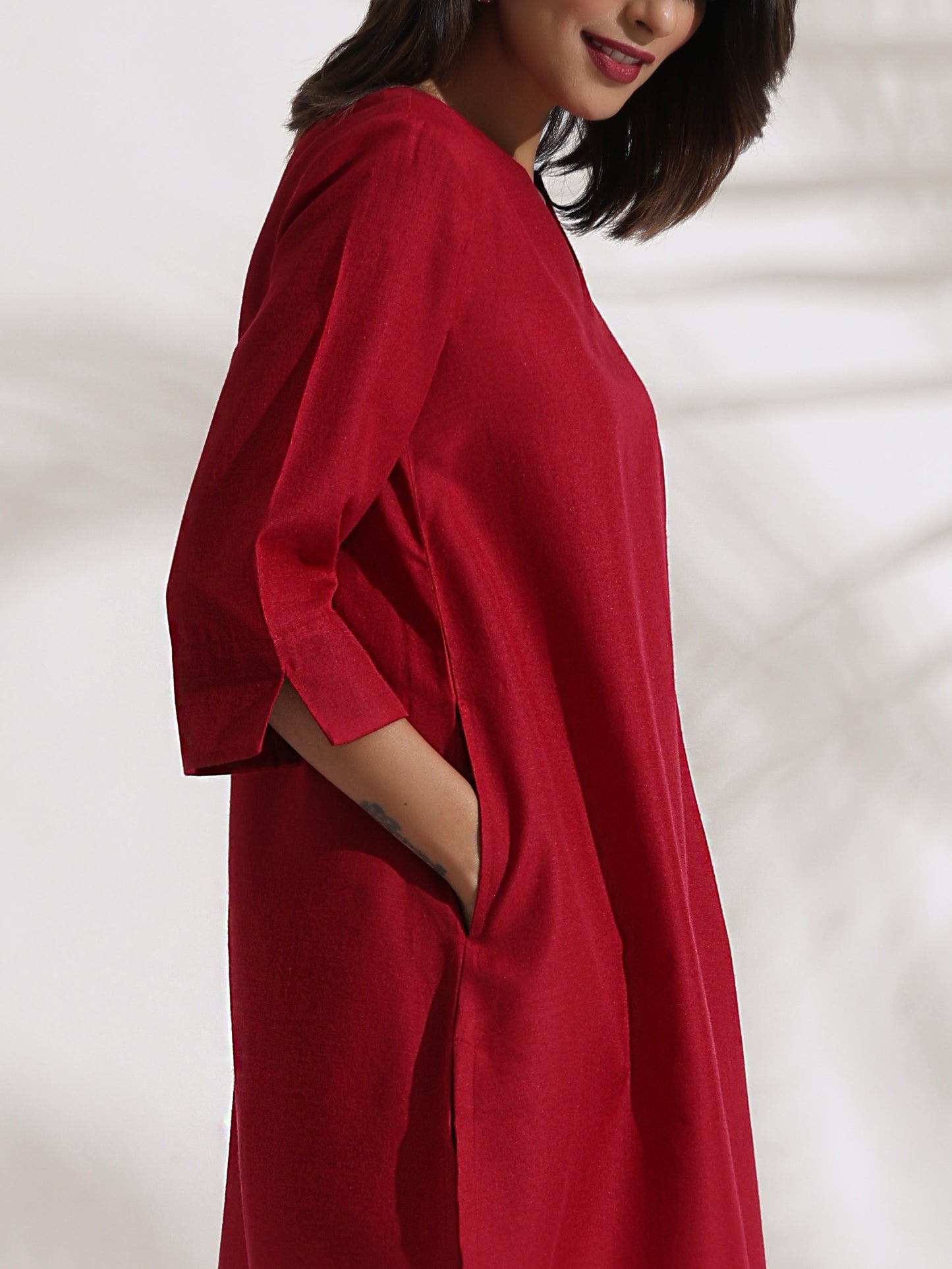 trueBrowns Maroon Slub Kurta Co-ord Set