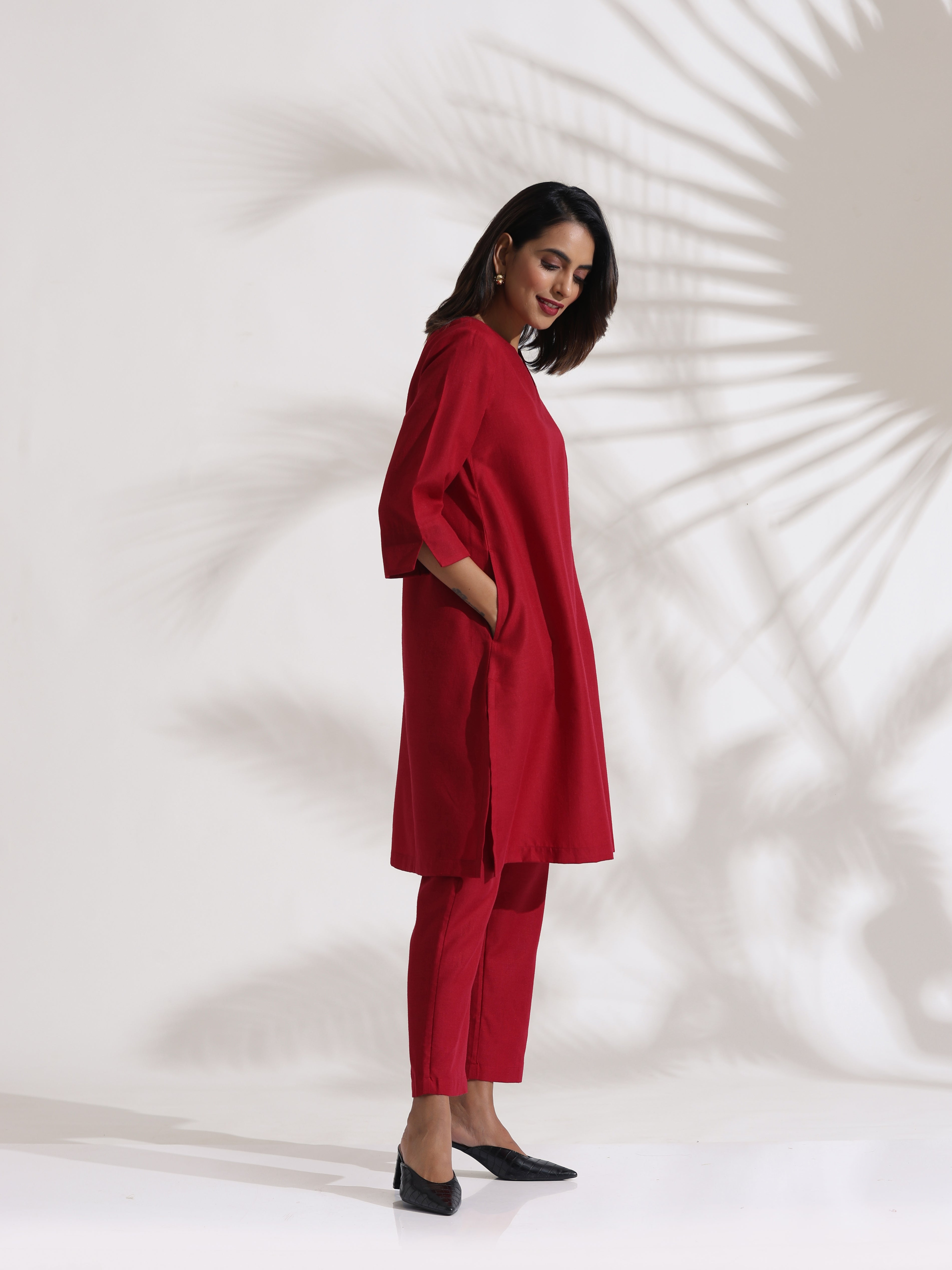 trueBrowns Maroon Slub Kurta Co-ord Set