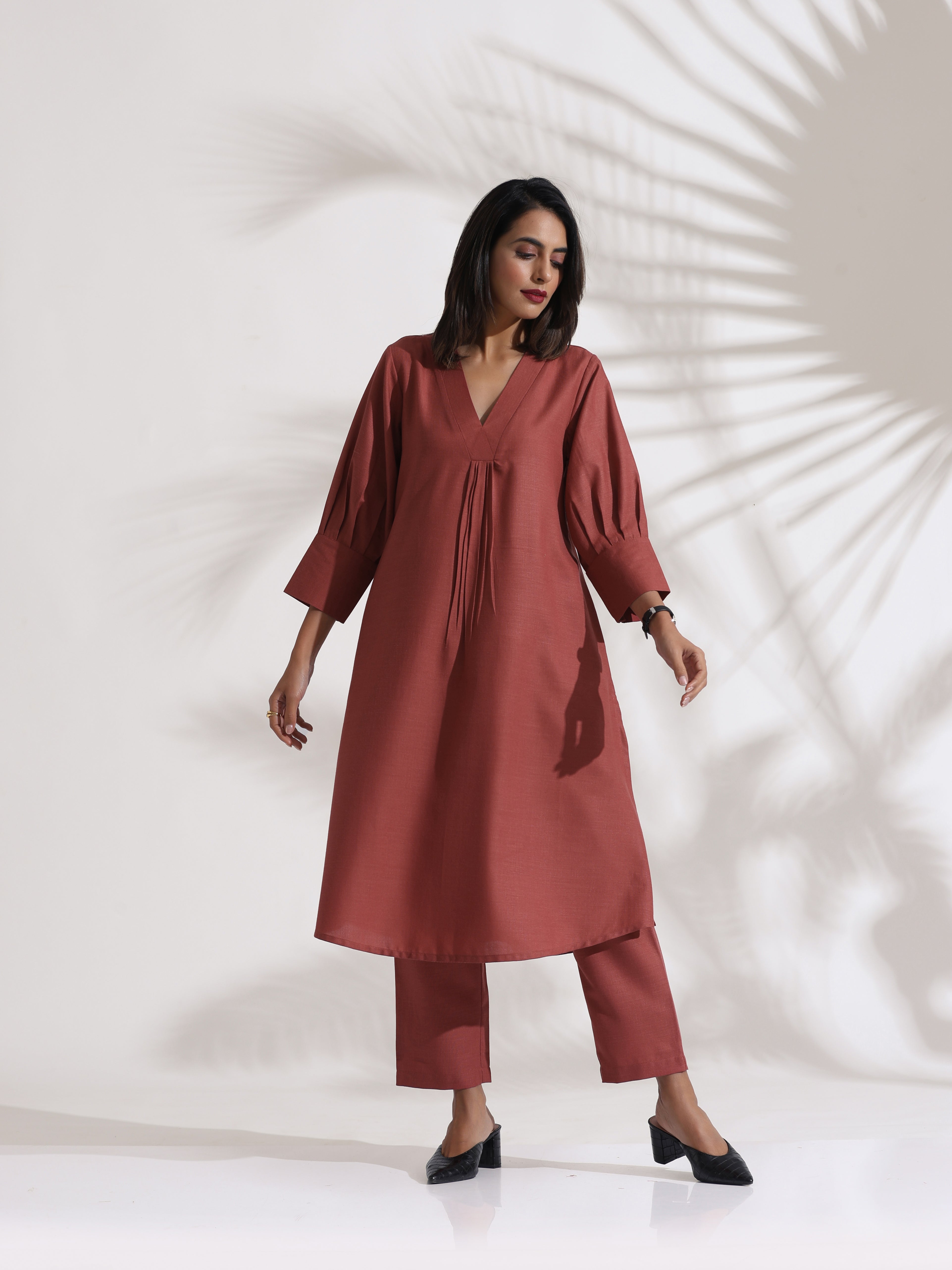 trueBrowns Pink Slub Kurta Set