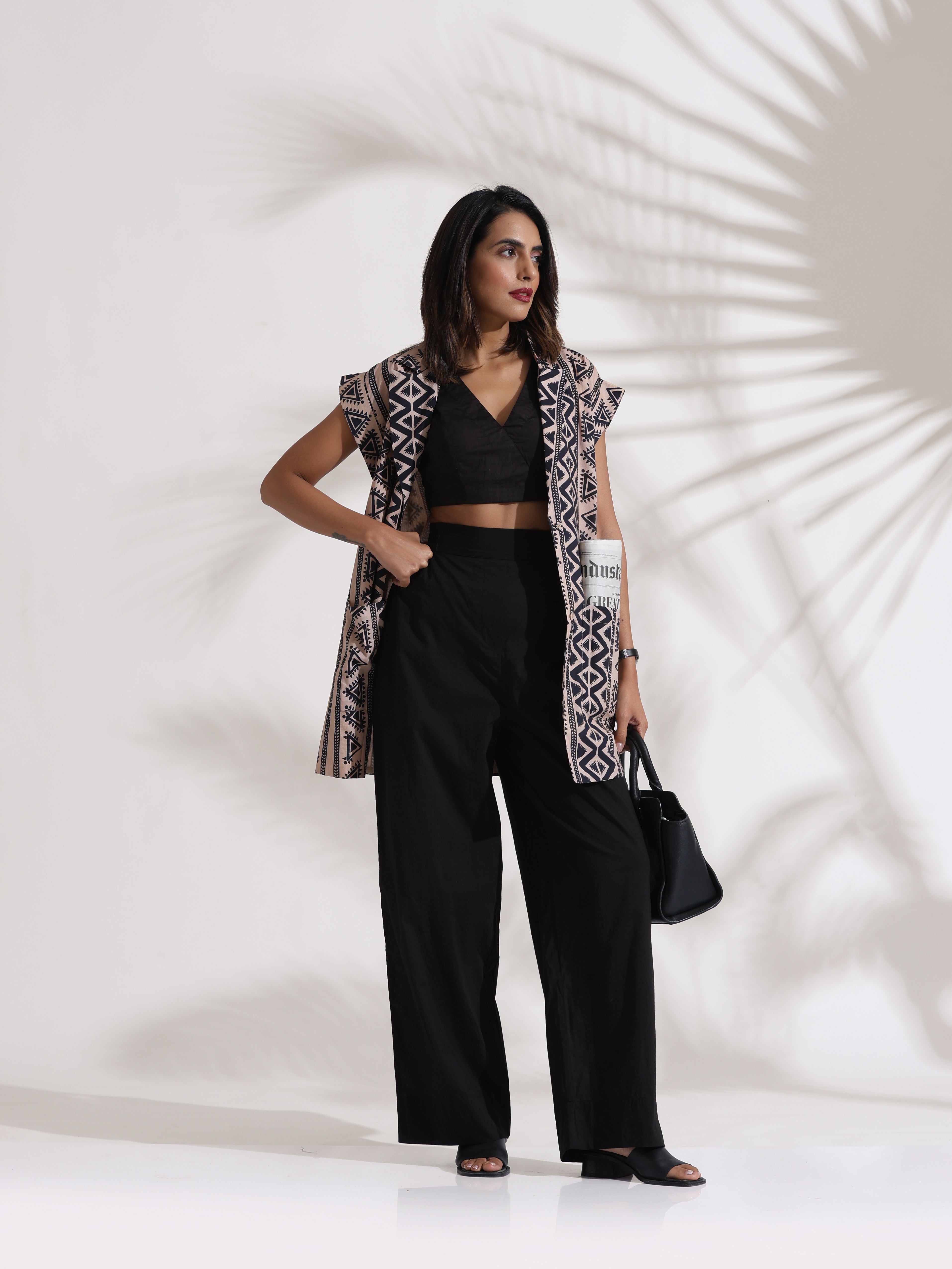 trueBrowns Beige Cotton Geometric Print Jacket Co-ord Set