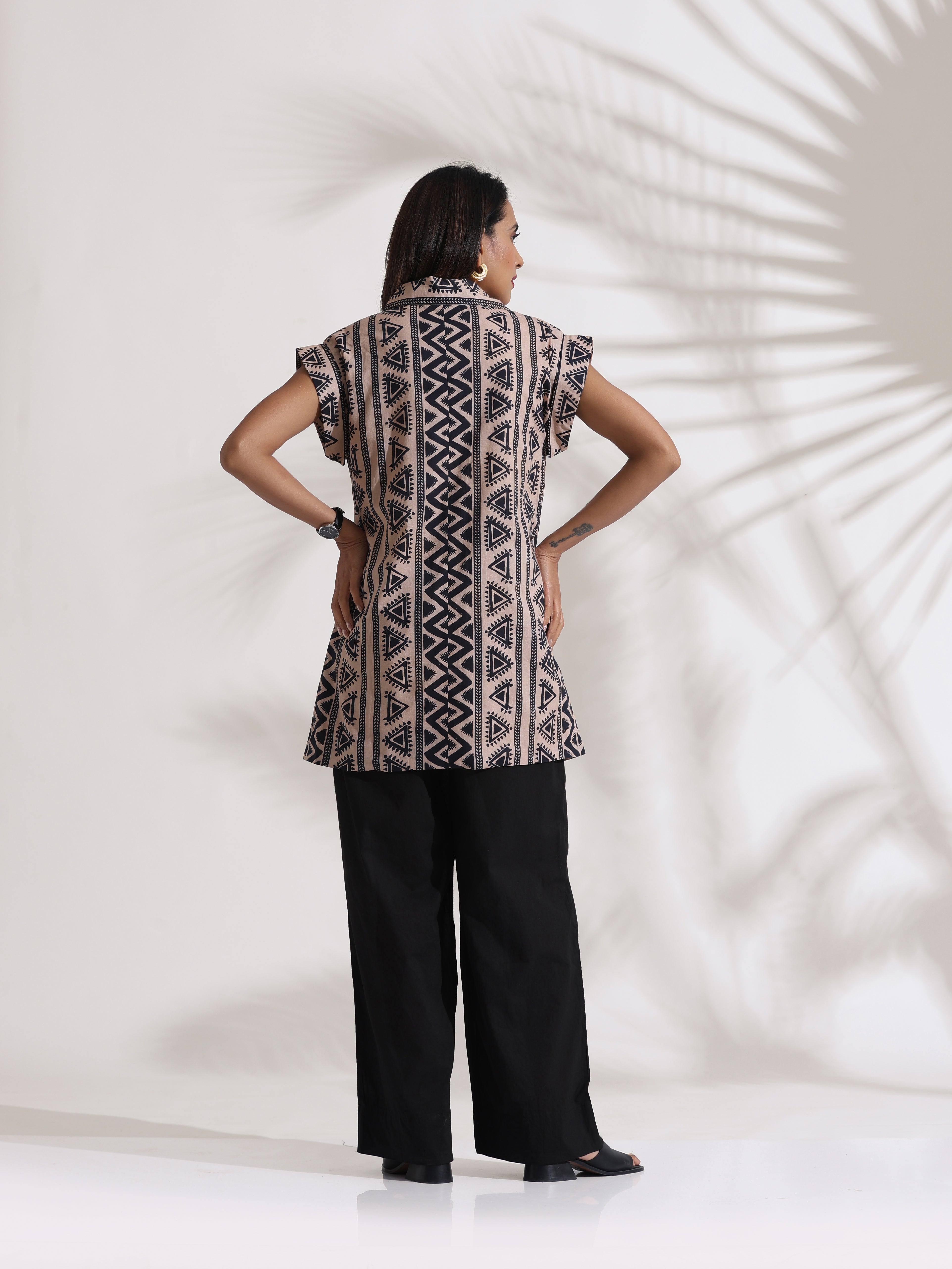 trueBrowns Beige Cotton Geometric Print Jacket Co-ord Set