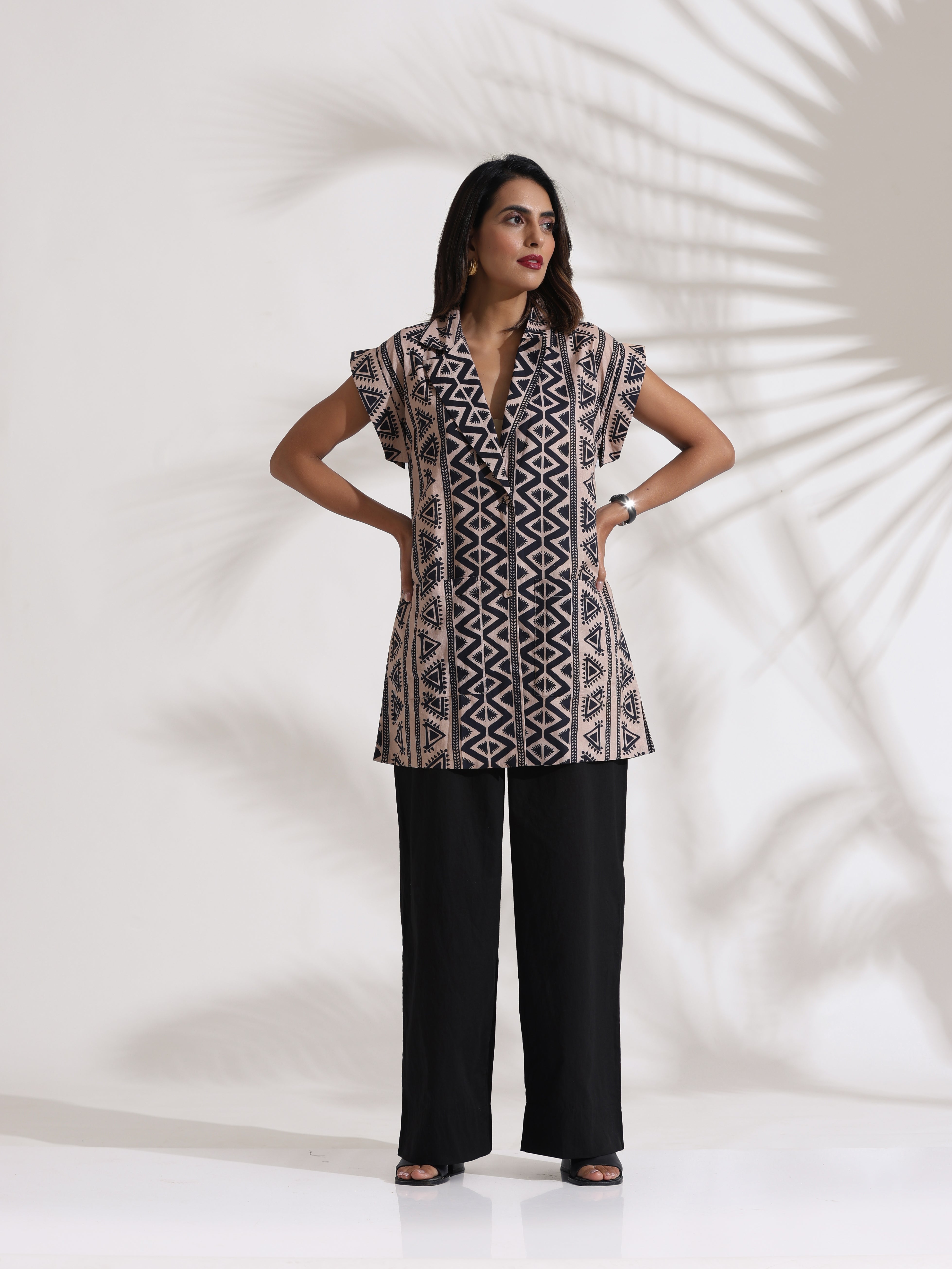 trueBrowns Beige Cotton Geometric Print Jacket Co-ord Set