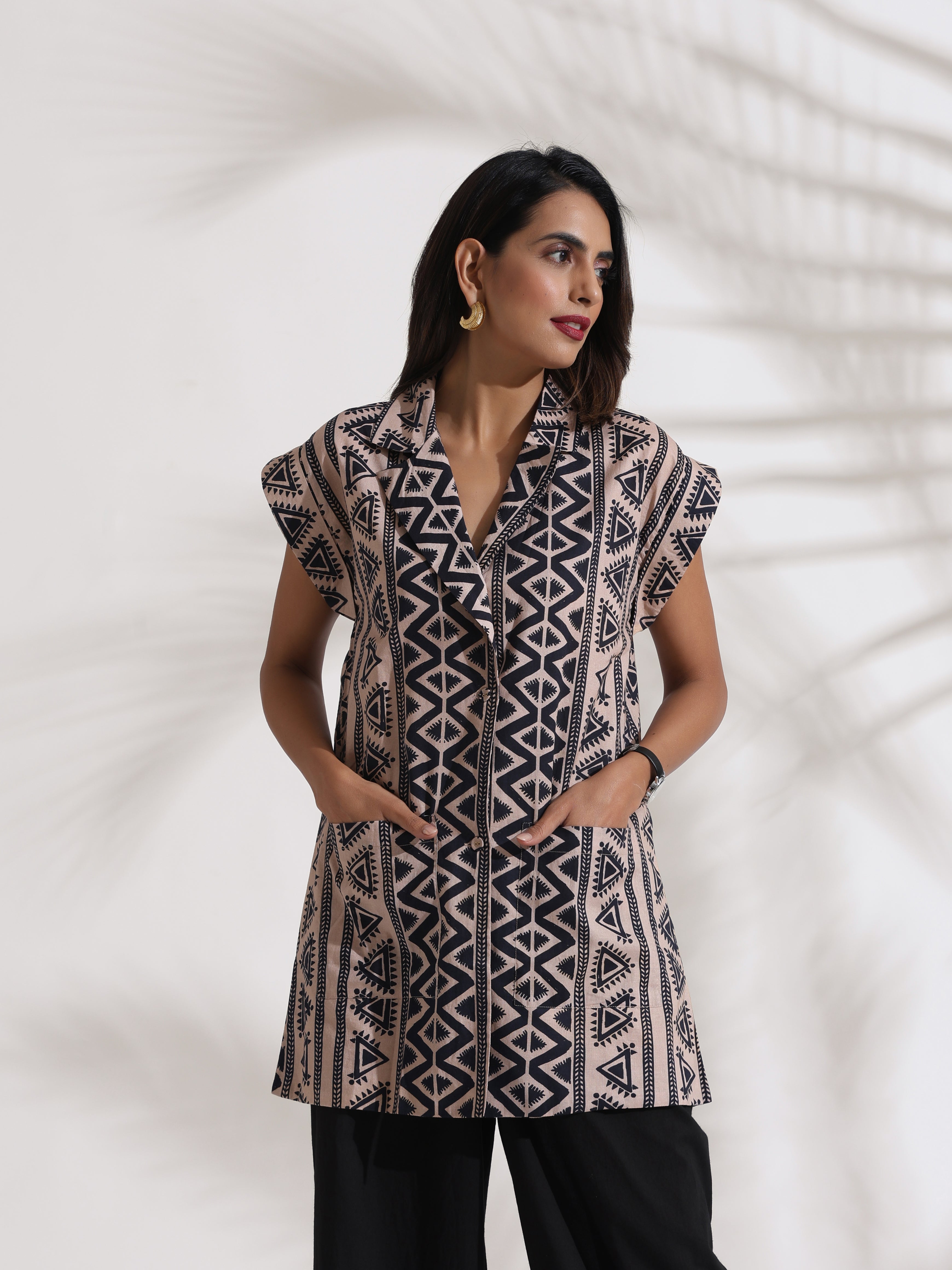 trueBrowns Beige Cotton Geometric Print Jacket Co-ord Set