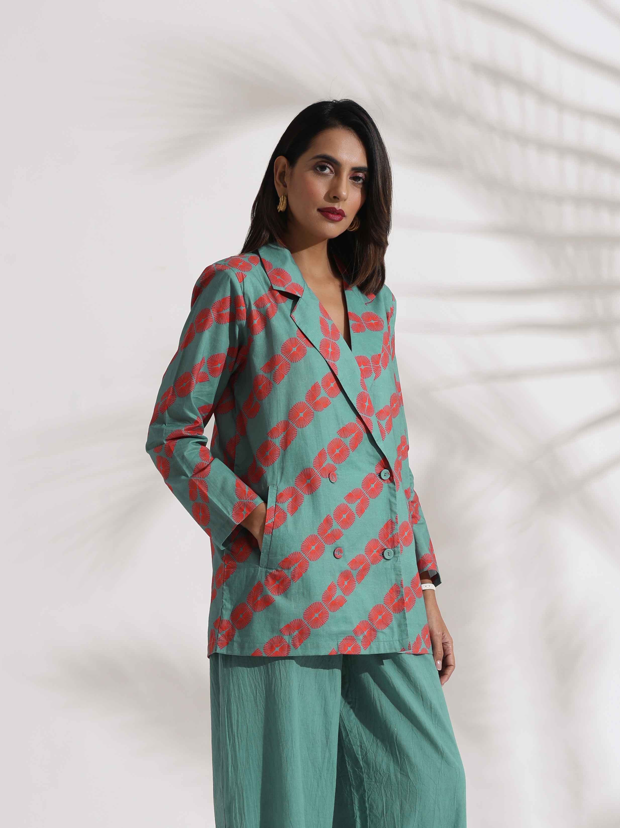 trueBrowns Green Cotton Print Jacket Top Co-ord Set