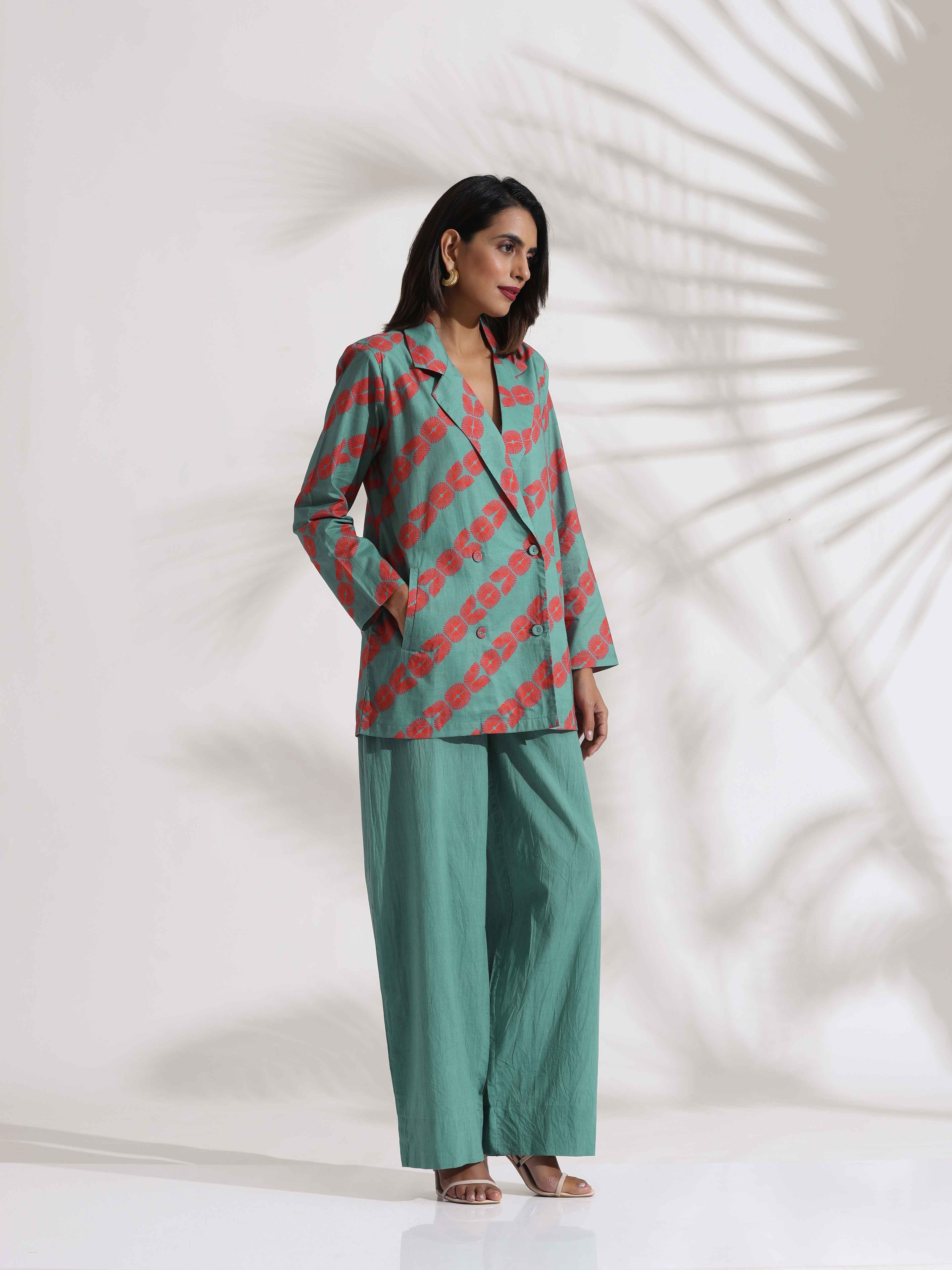 trueBrowns Green Cotton Print Jacket Top Co-ord Set