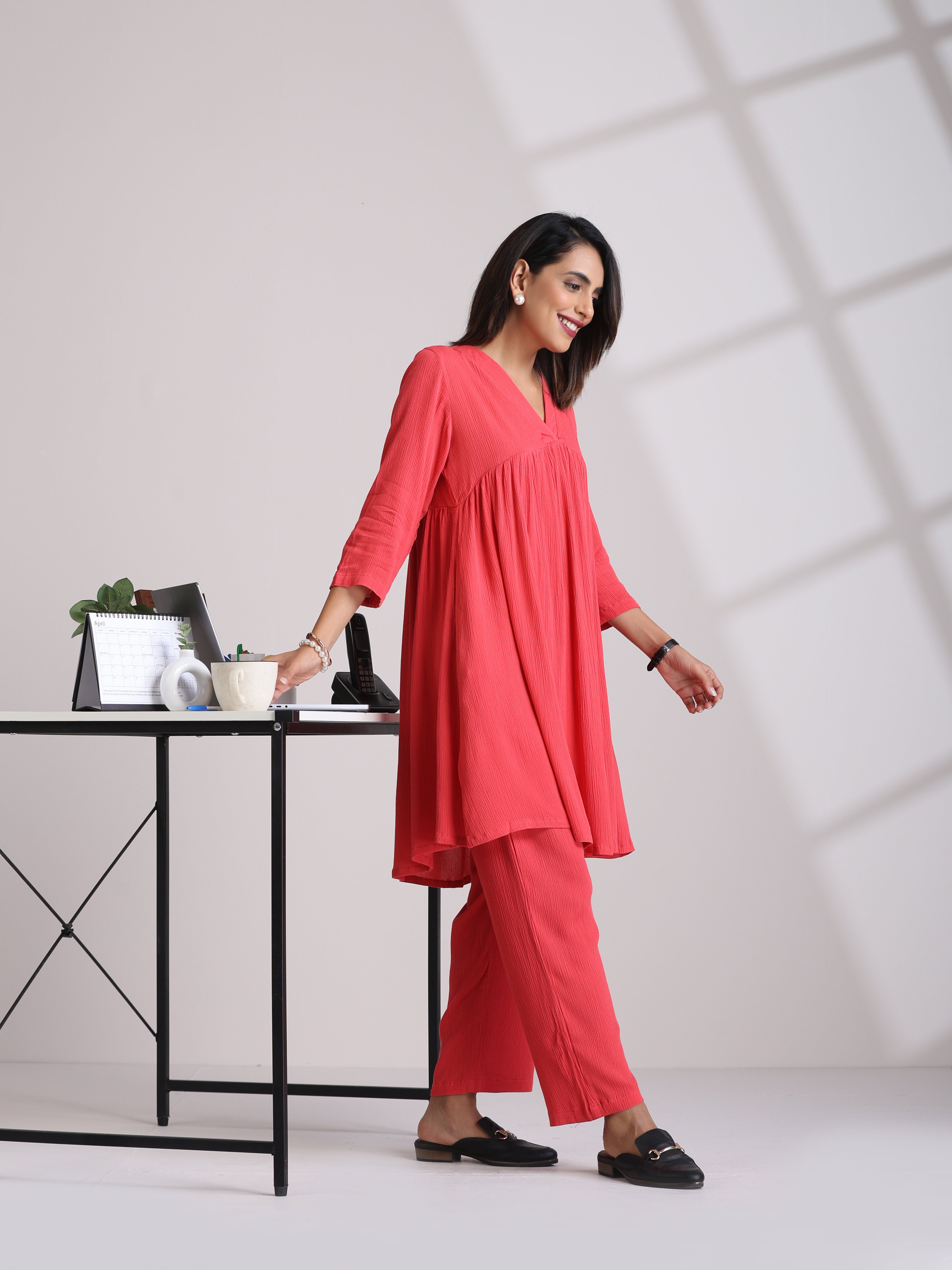 trueBrowns Peach Crinkle Flared Kurta Co-ord Set
