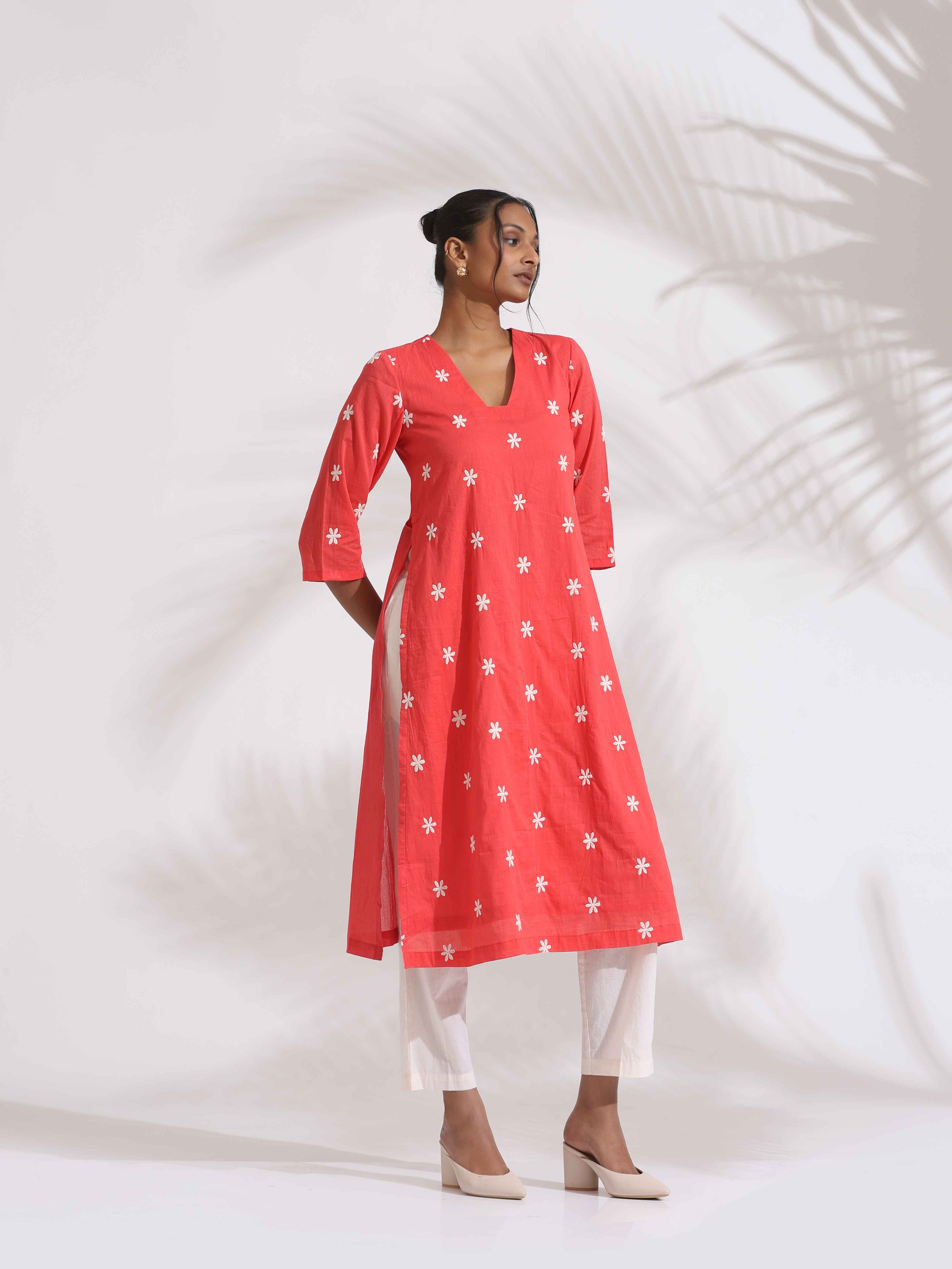 trueBrowns Orange Cotton Floral Embroidered Kurta Set