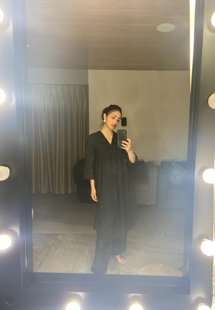 Black Dobby Flared Slit Kurta Pant Set