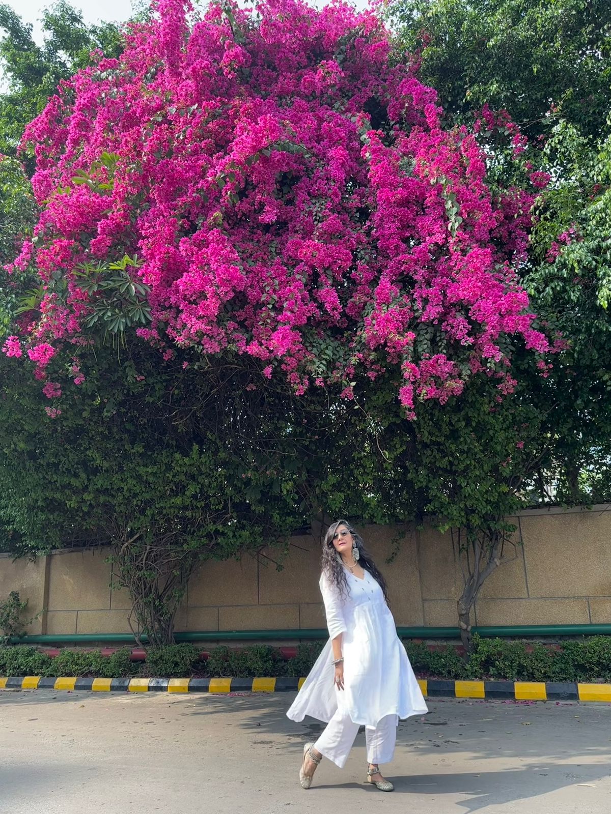 White Dobby High Slit Gathered Kurta Set