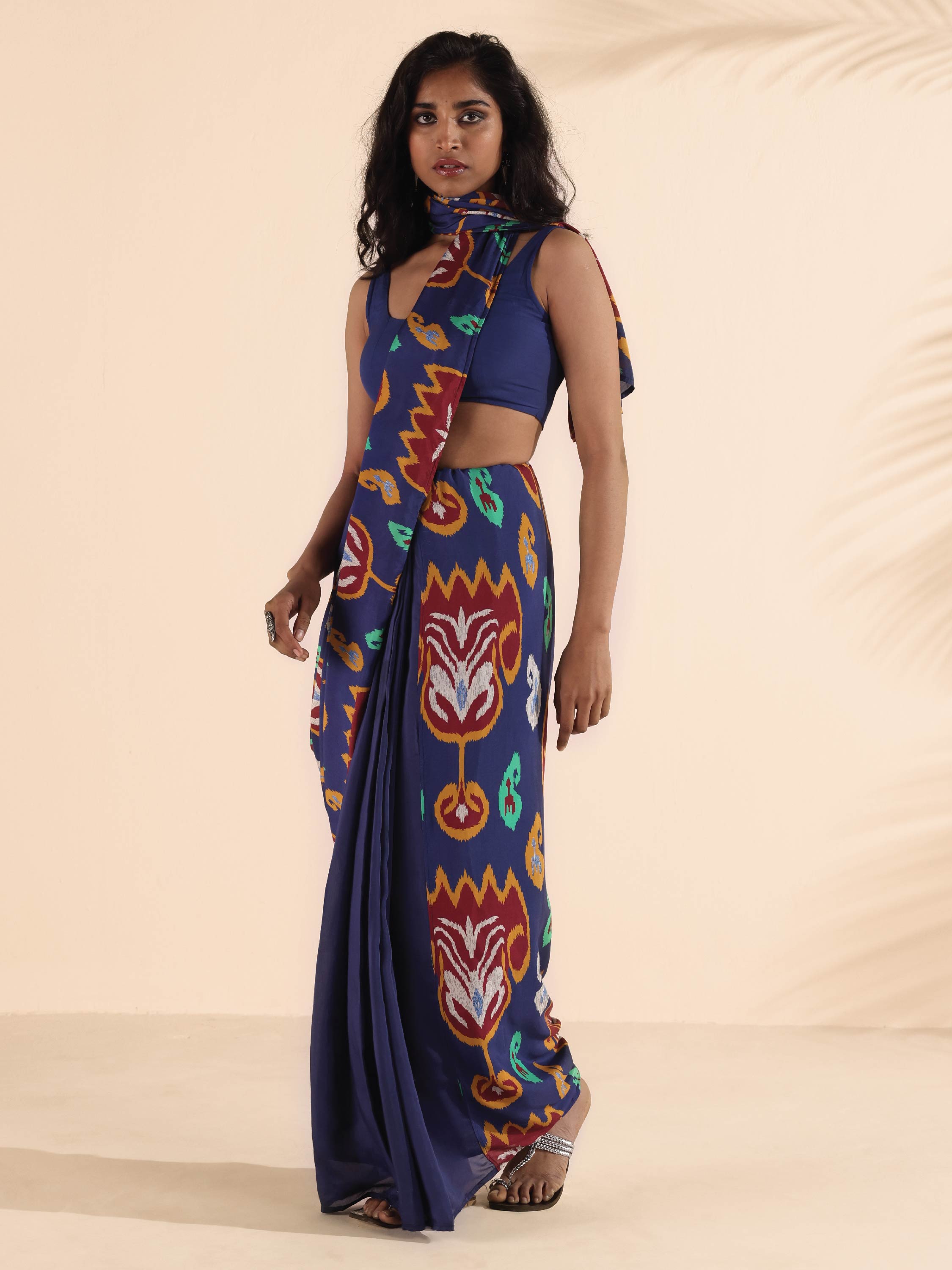 trueBrowns Purple Muslin Ikat Saree