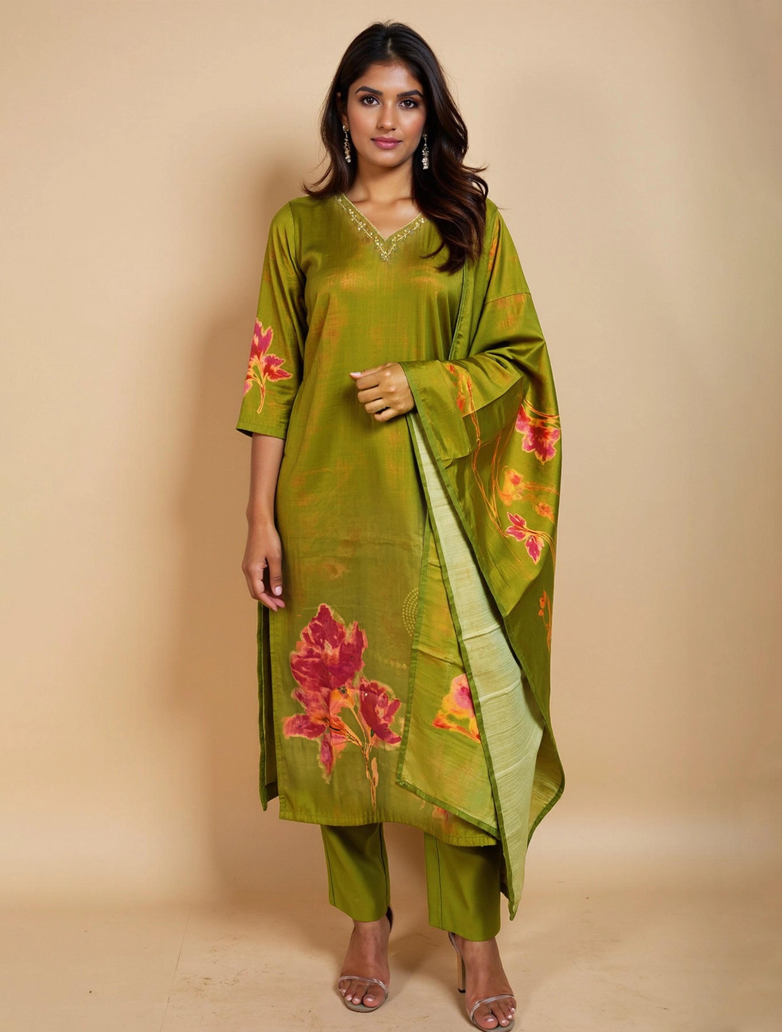trueBrowns Green Floral Print Kurta Pant Dupatta Set