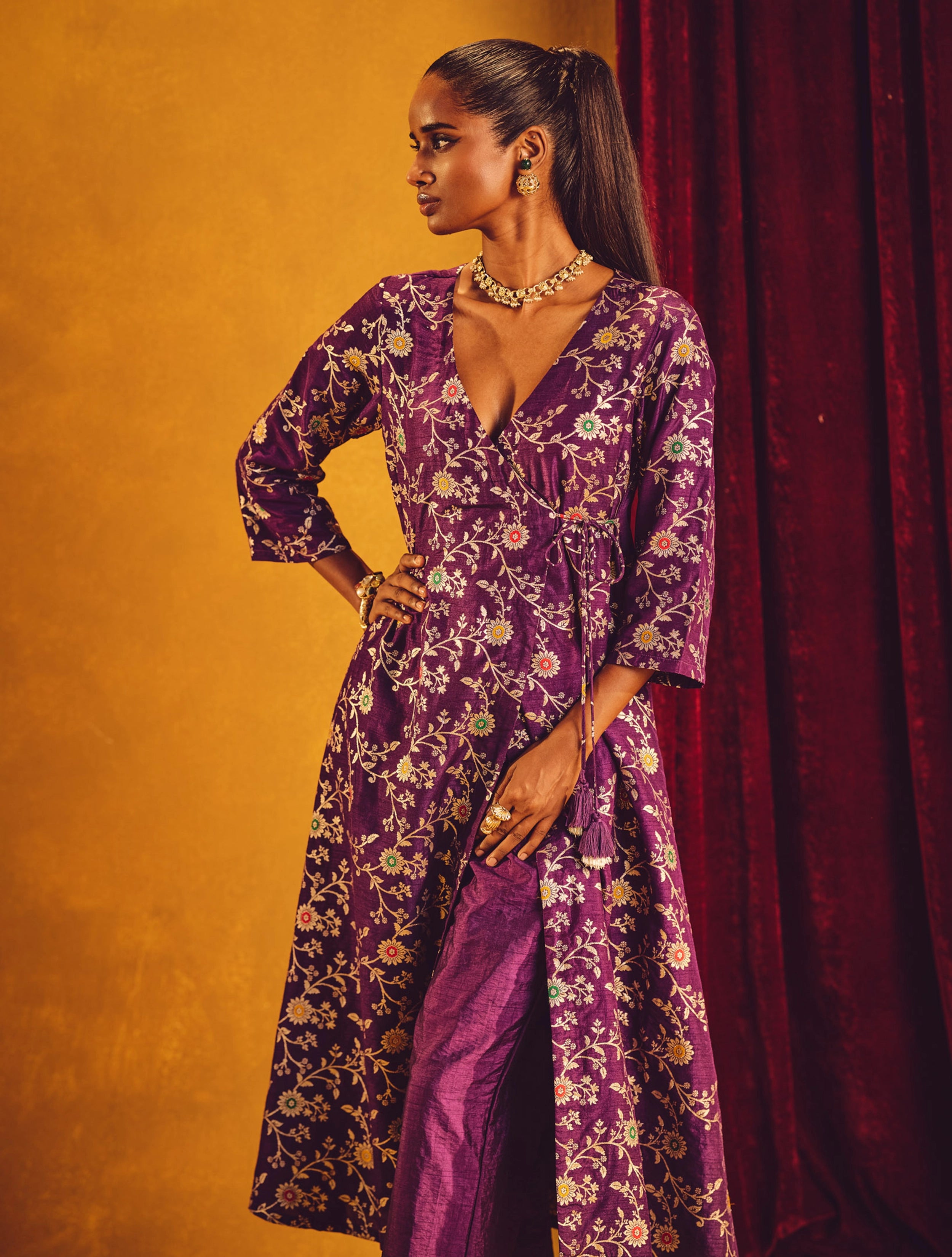  trueBrowns Purple Brocade Angrakha Kurta Set