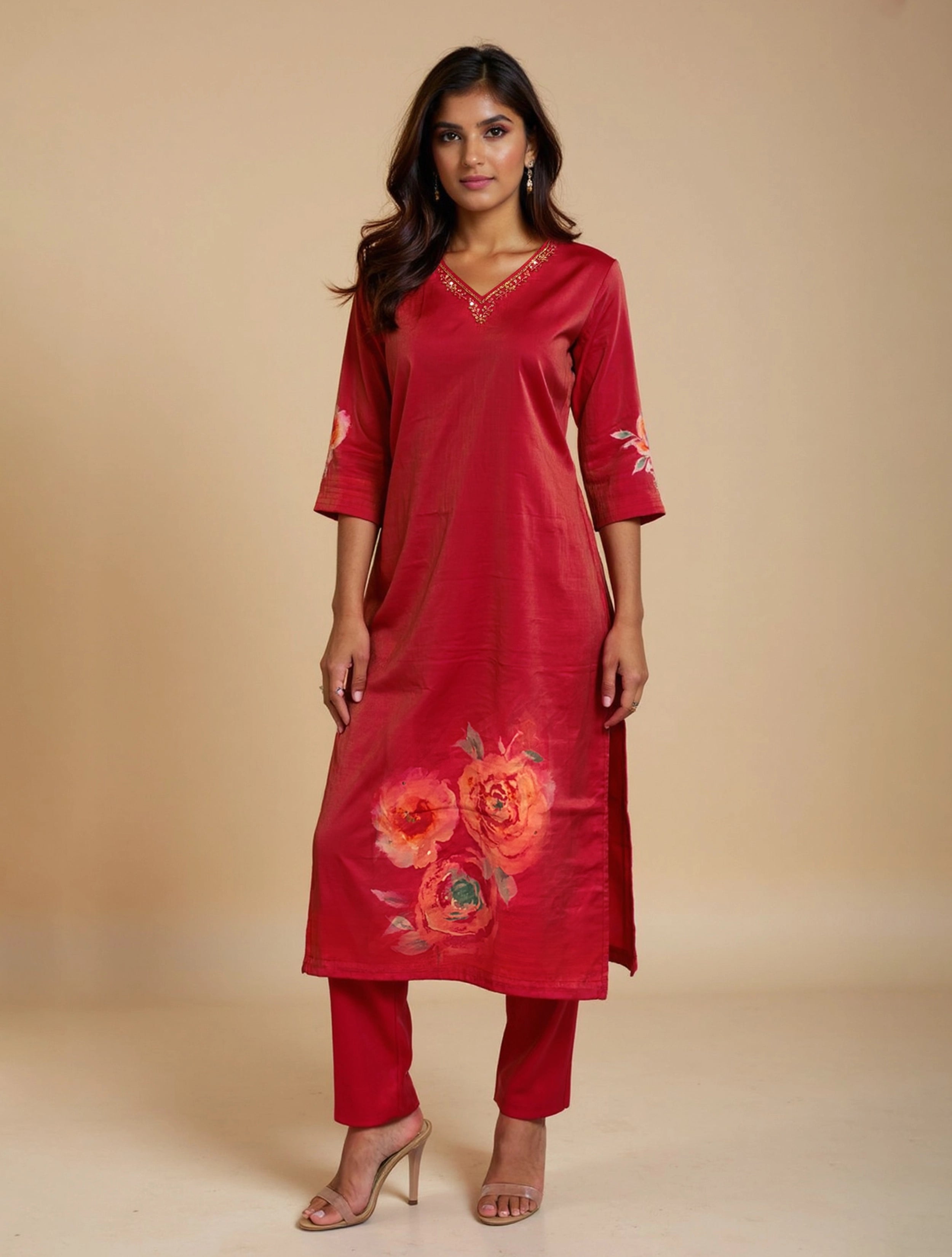trueBrowns Pink Floral Print Kurta Pant Dupatta Set