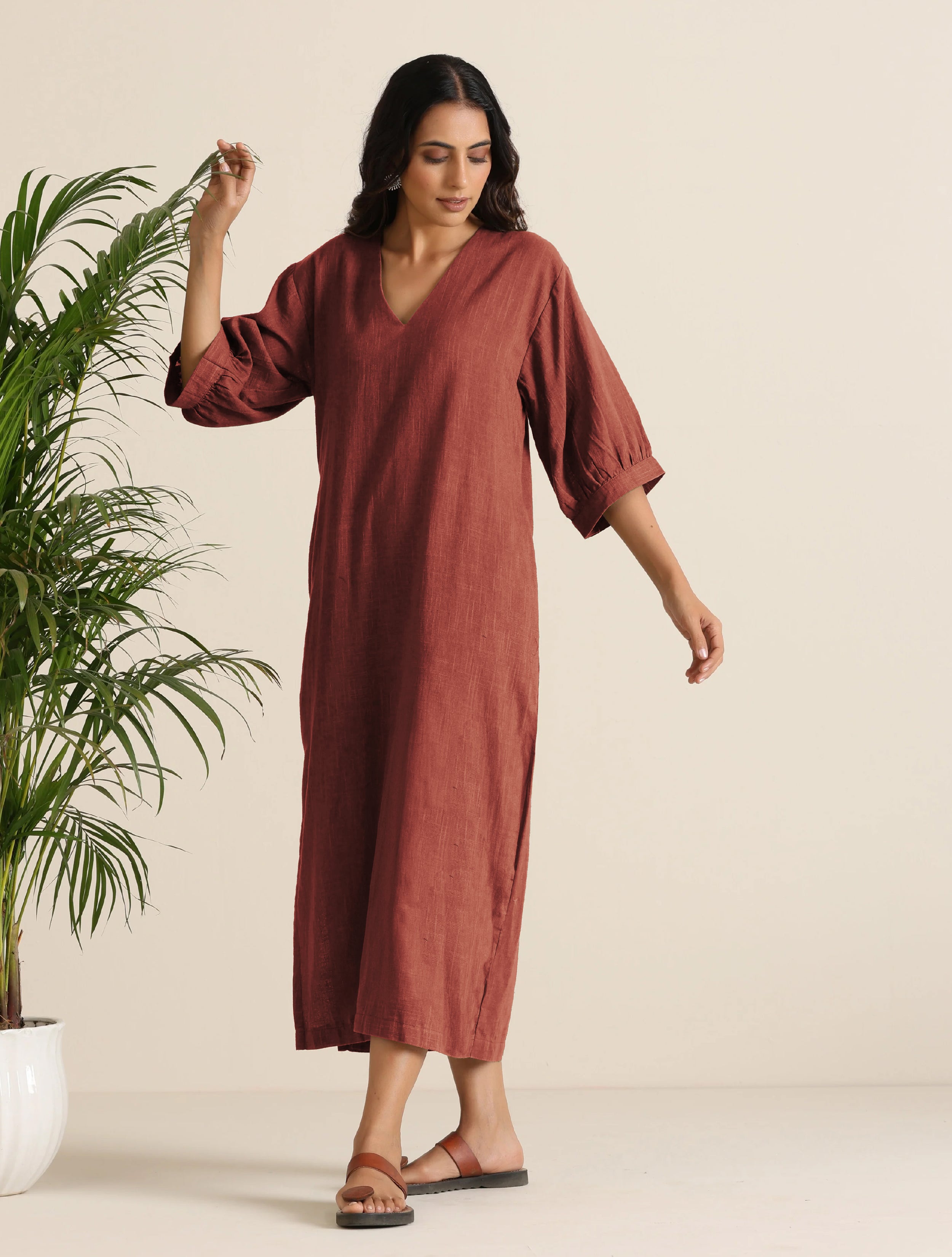 trueBrowns Rust Pink Cotton Blend Long Dress