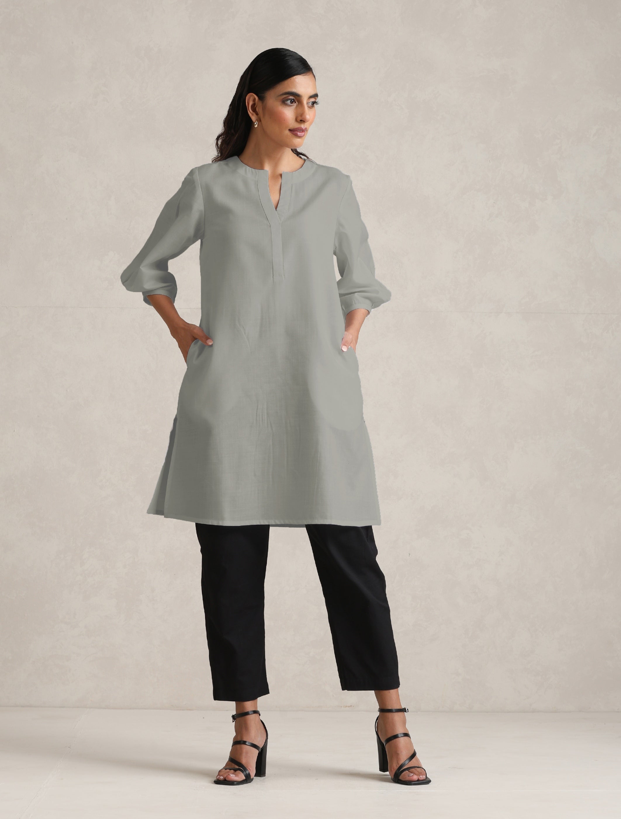 trueBrowns Grey Cotton Blend Short Kurta