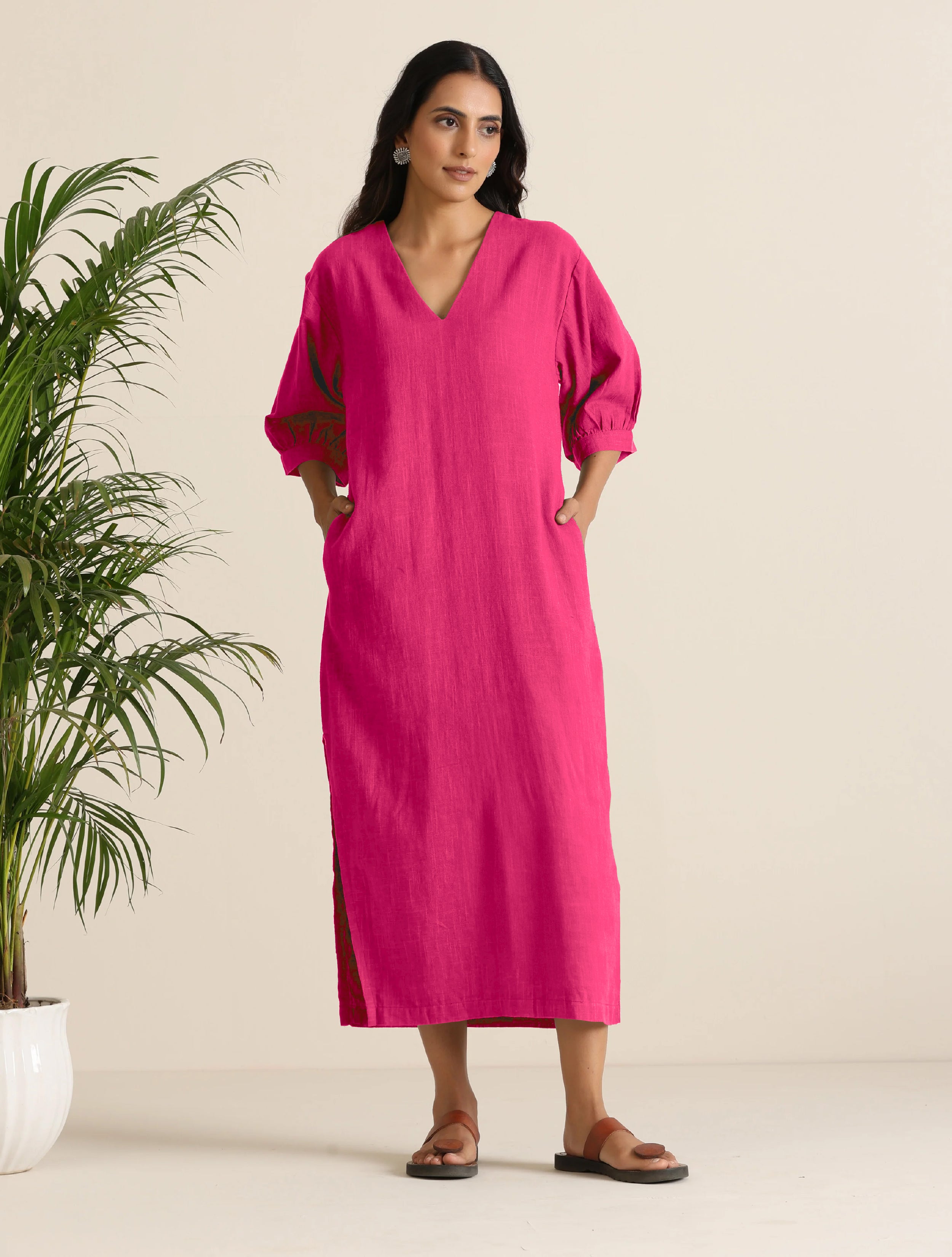 trueBrowns Hot Pink Cotton Blend Long Dress