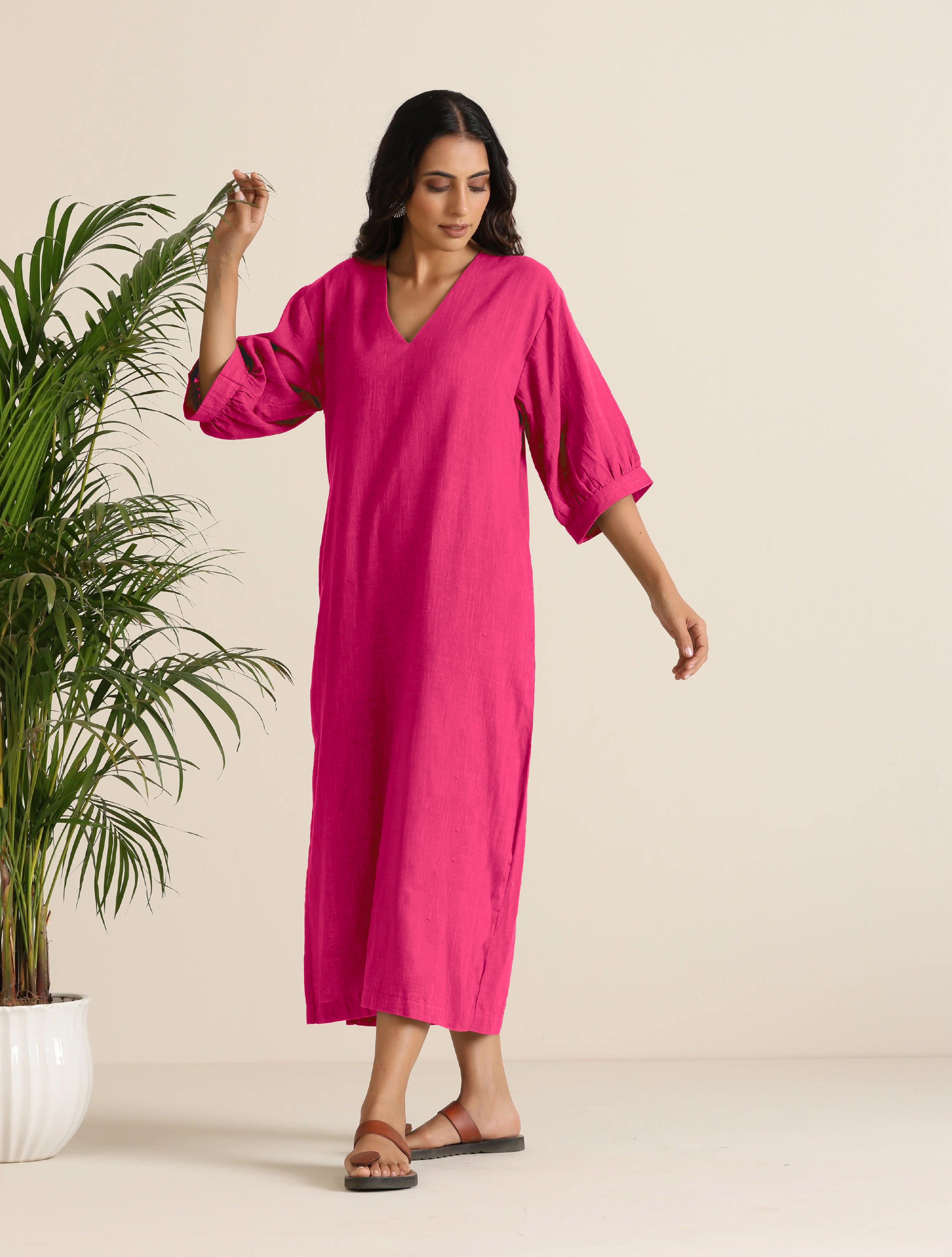 trueBrowns Hot Pink Cotton Blend Long Dress