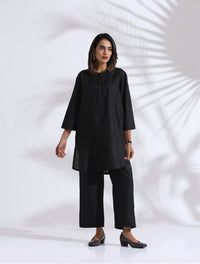 trueBrowns Black Slub Kurta Co-ord Set