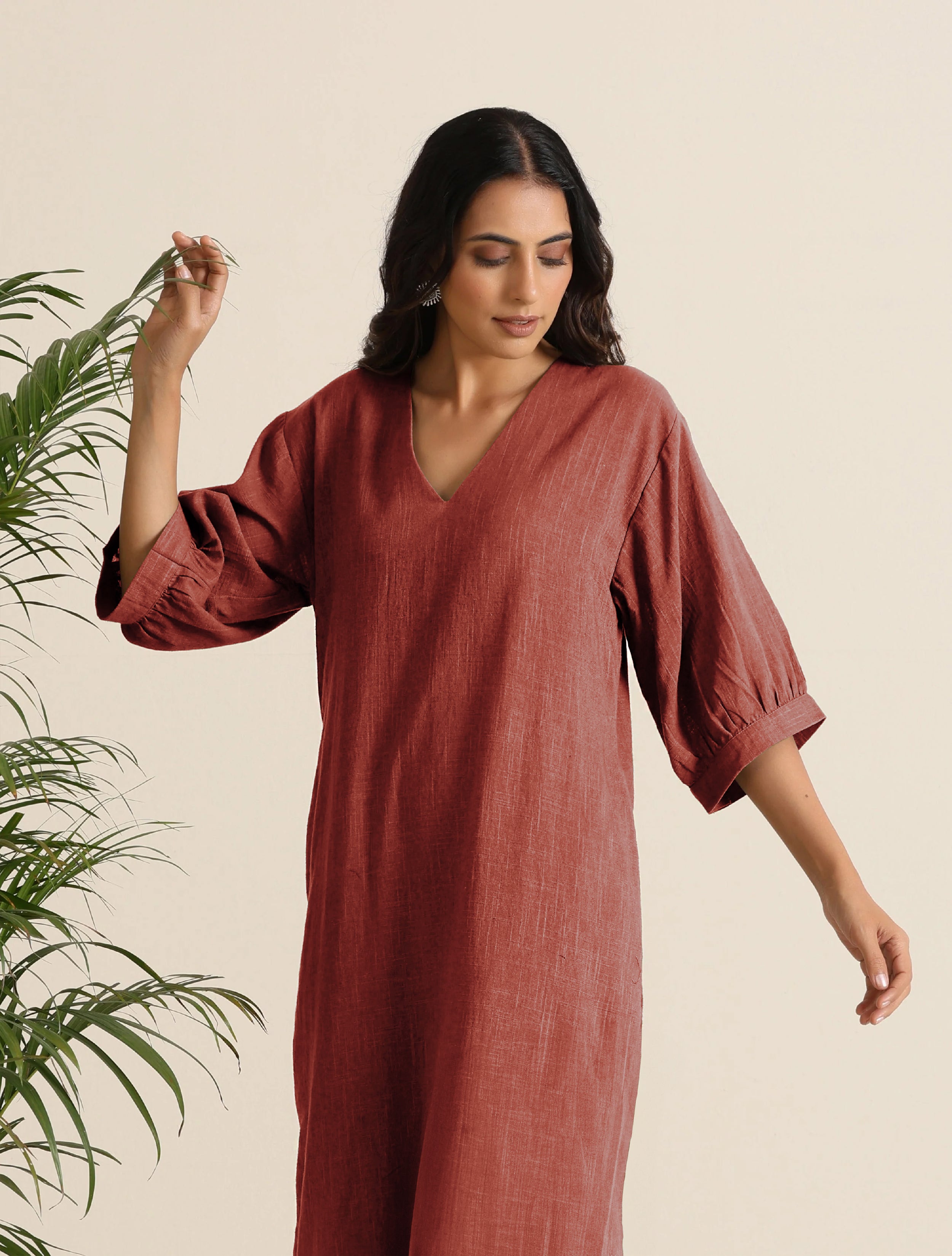 trueBrowns Rust Pink Cotton Blend Long Dress