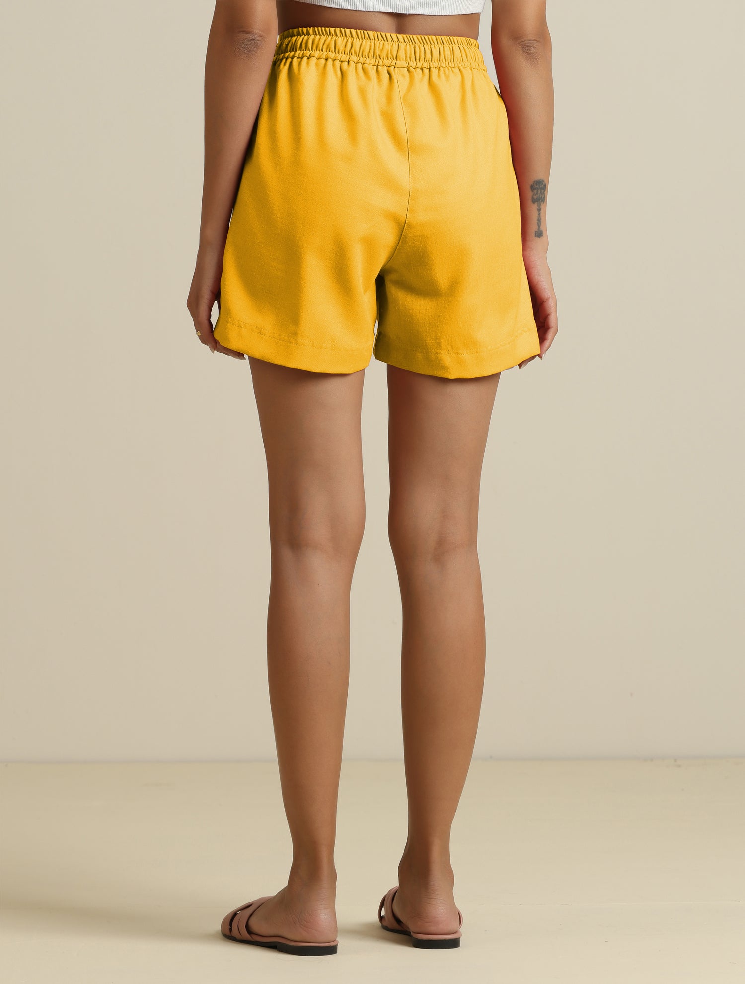 trueBrowns Yellow Cotton Blend Shorts With Drawstring
