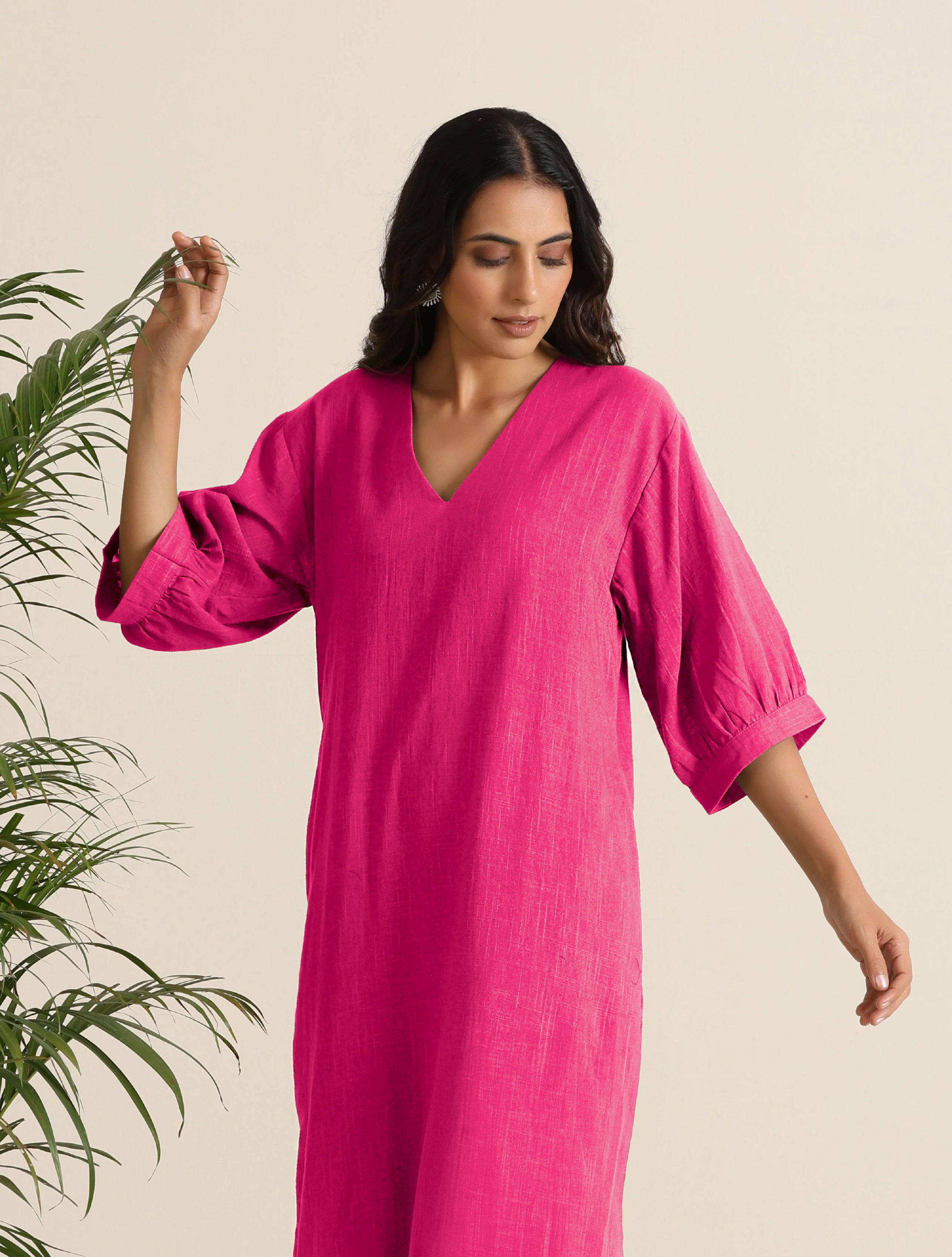 trueBrowns Hot Pink Cotton Blend Long Dress