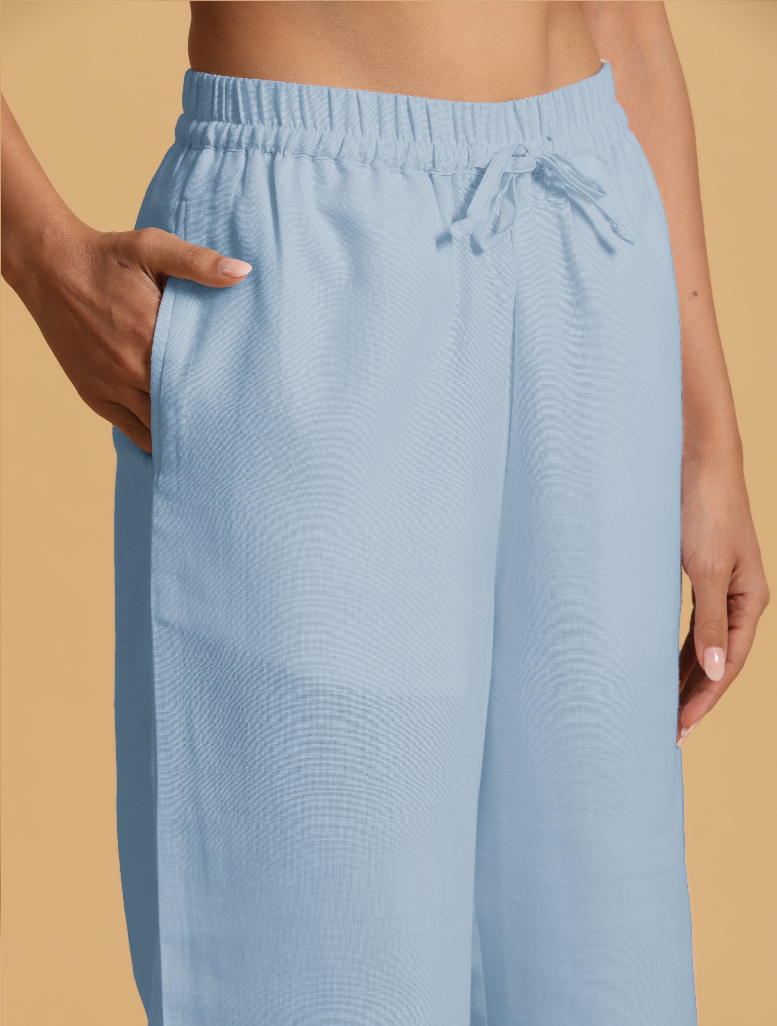 trueBrowns Light Blue Cotton Blend Straight Drawstring Pants