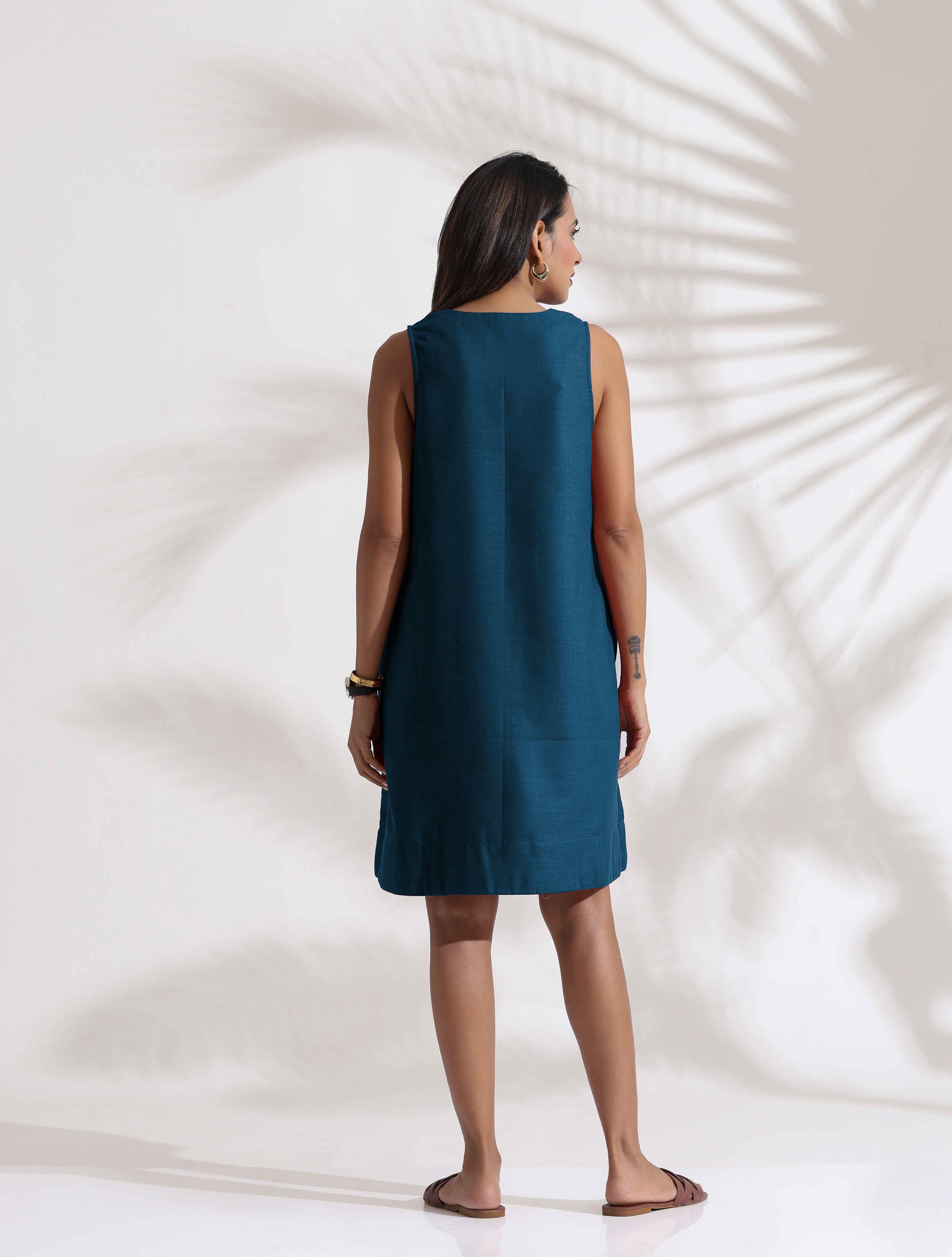 trueBrowns Dark Blue Cotton Blend Short Dress