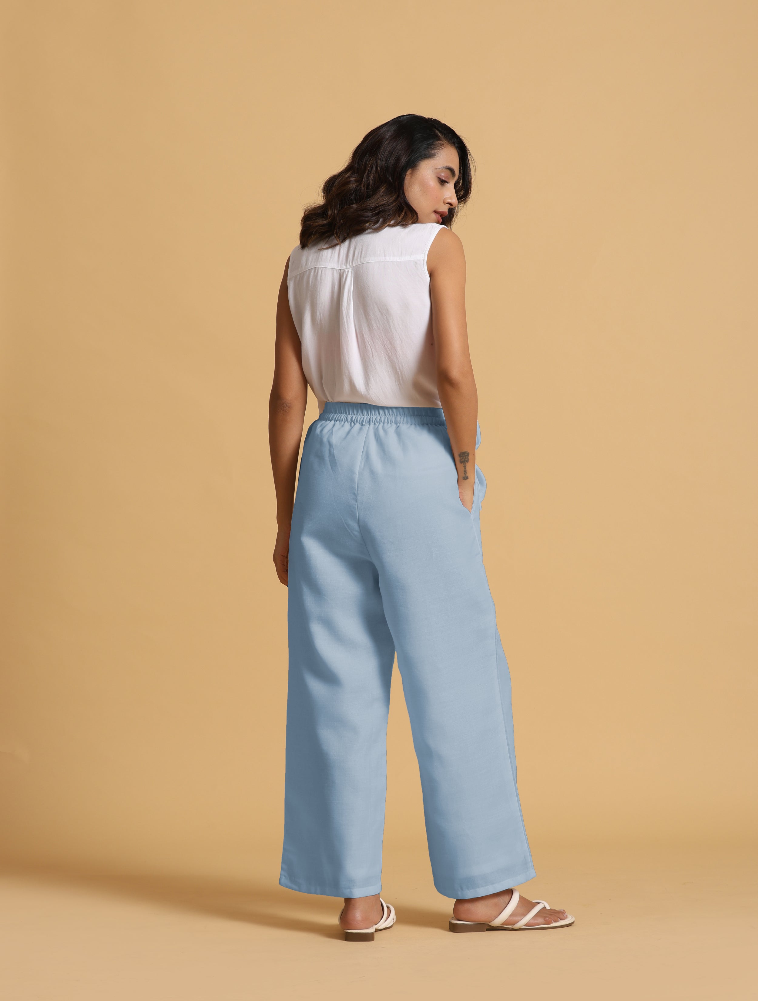 trueBrowns Light Blue Cotton Blend Straight Drawstring Pants