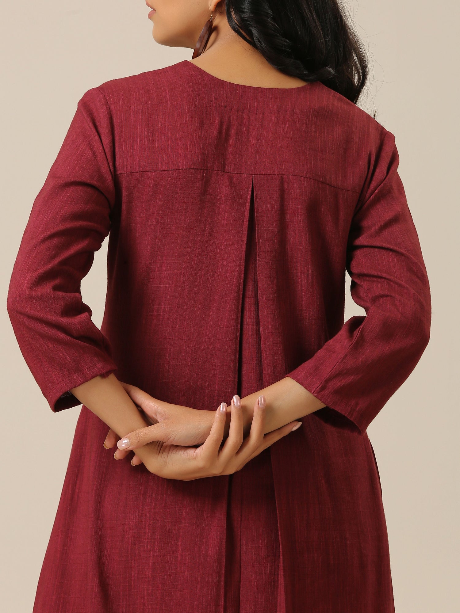 Ruby Wine Slub Texture Back Pleat Kurta Pant Set