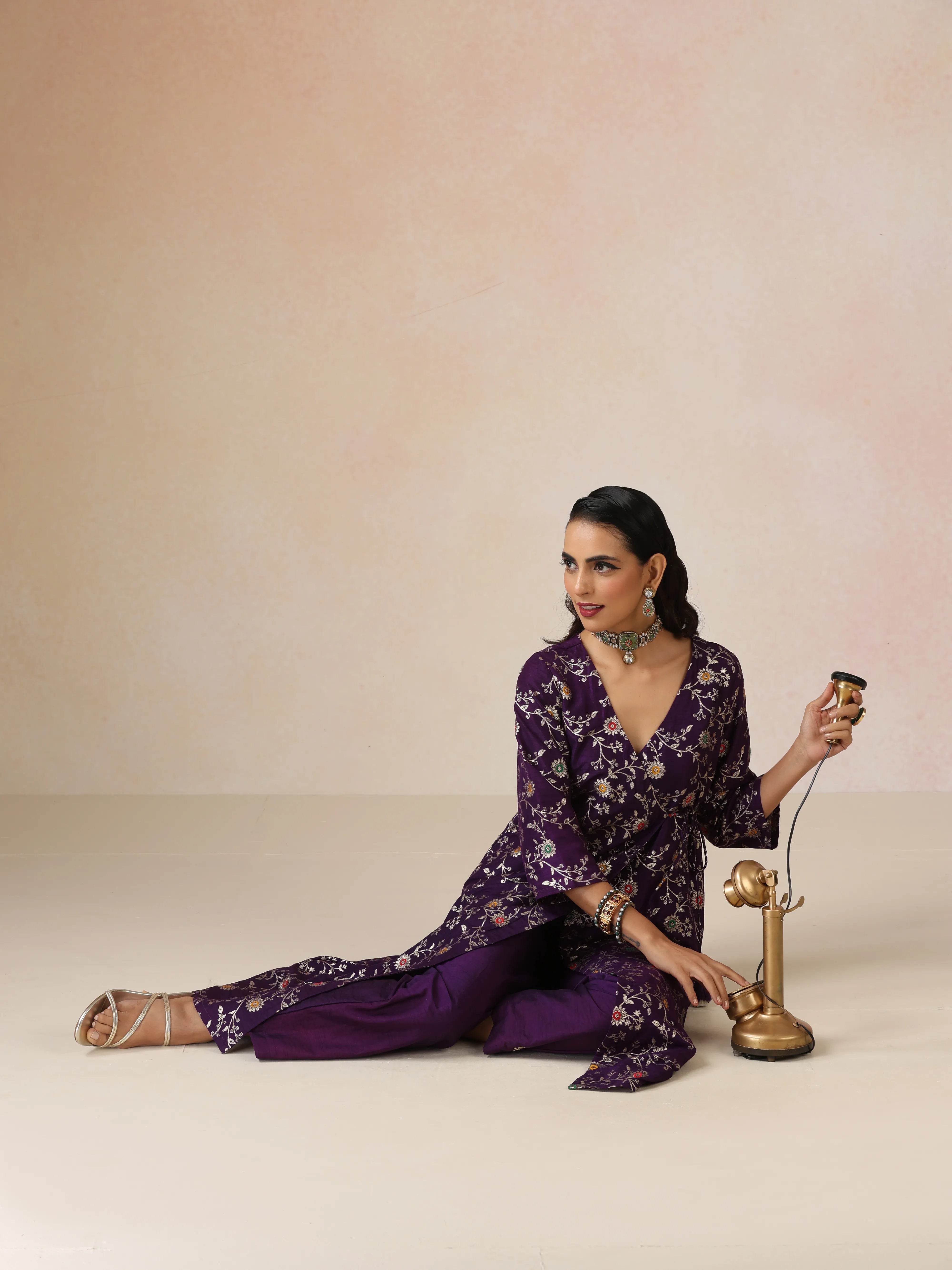  trueBrowns Purple Brocade Angrakha Kurta Set