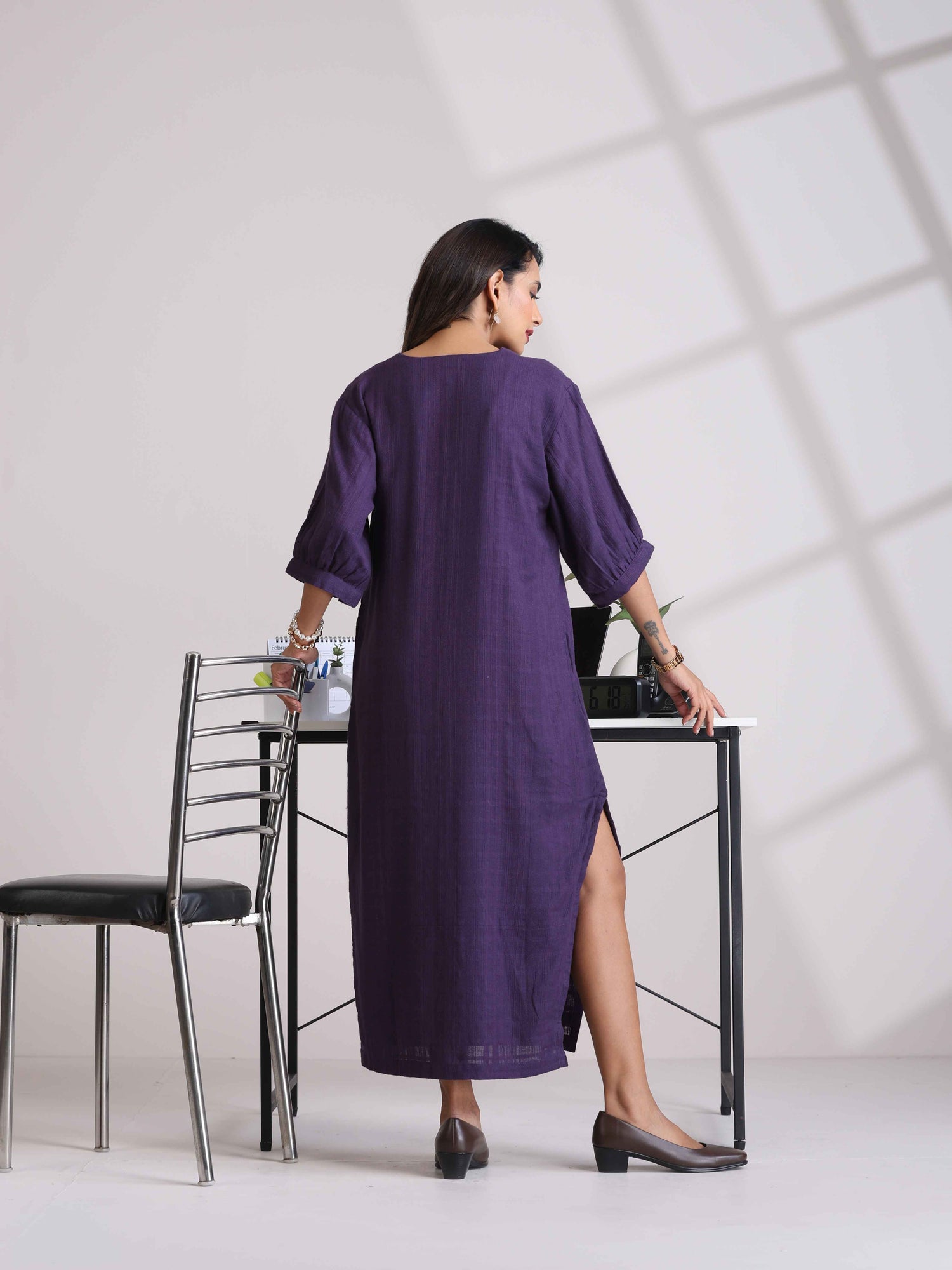 trueBrowns Purple Cotton Dobby Slit Dress