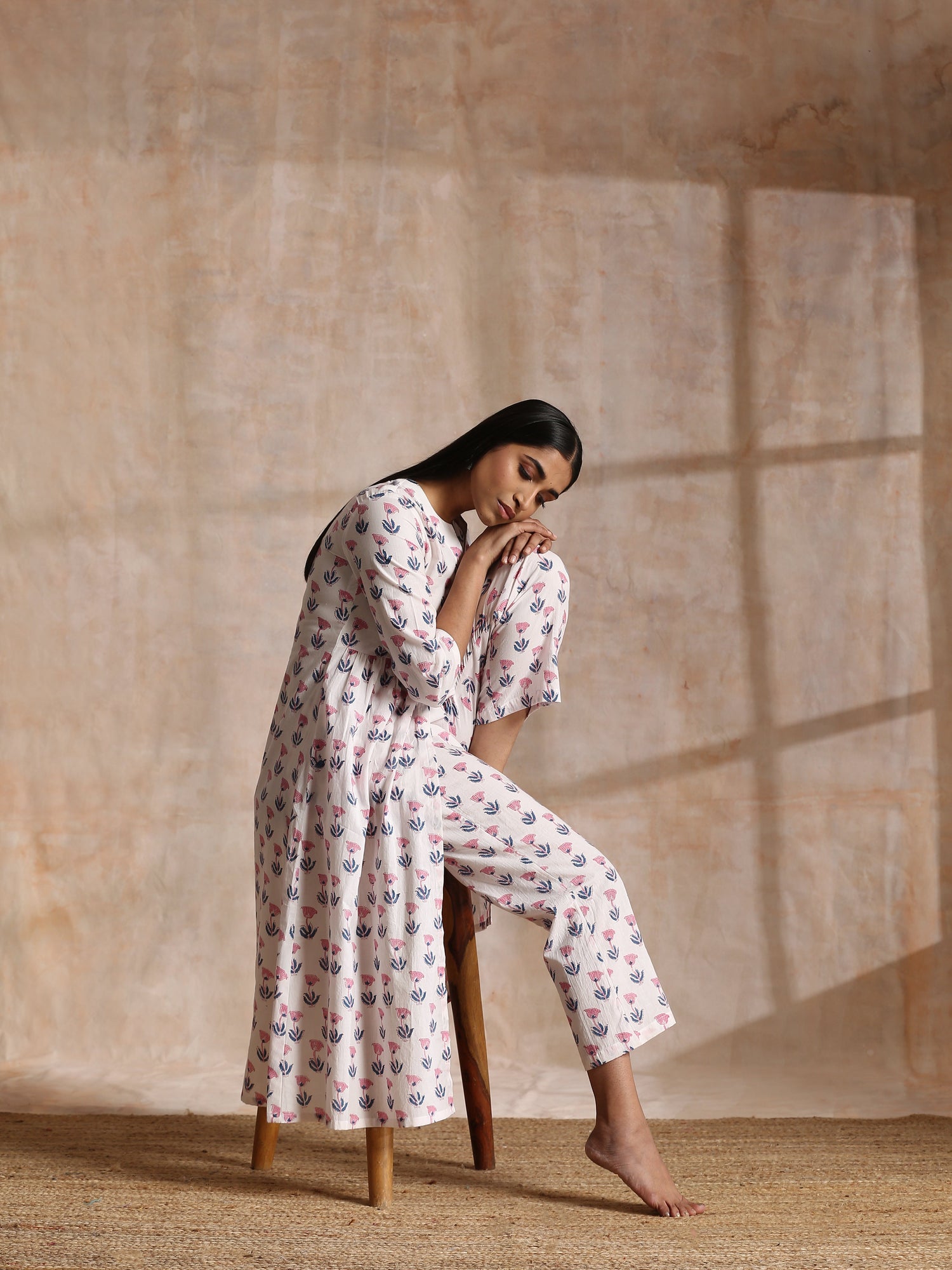White With Pink Blue Buta Block Print Cotton Kurta Pant Set