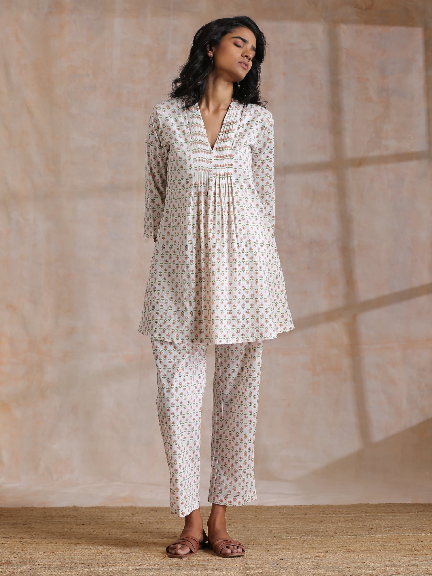 White With Small Floral Booti Print Cotton Pleated Co-Ord Set