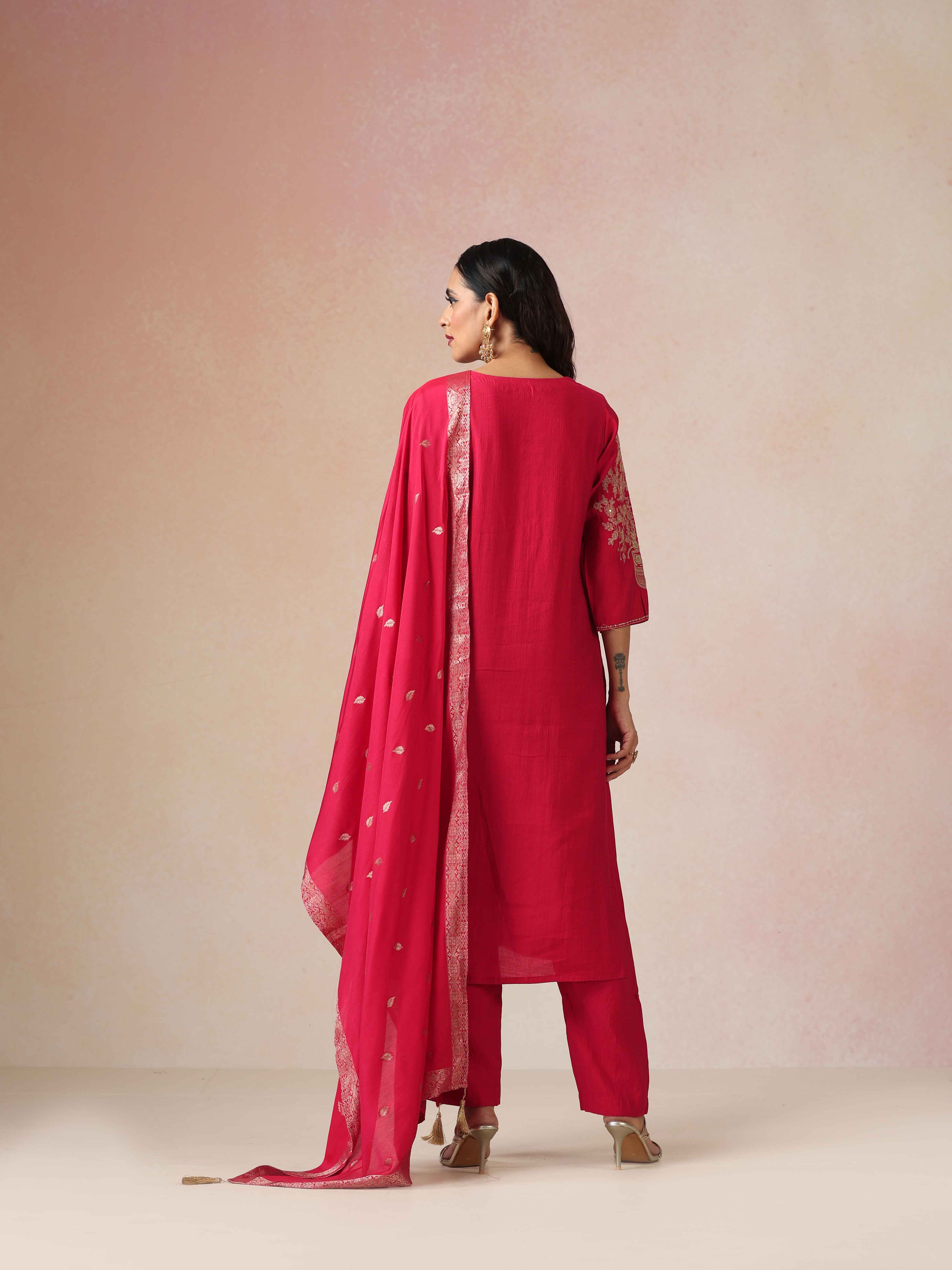 trueBrowns Red Embroidered Straight Kurta Pant Dupatta Set
