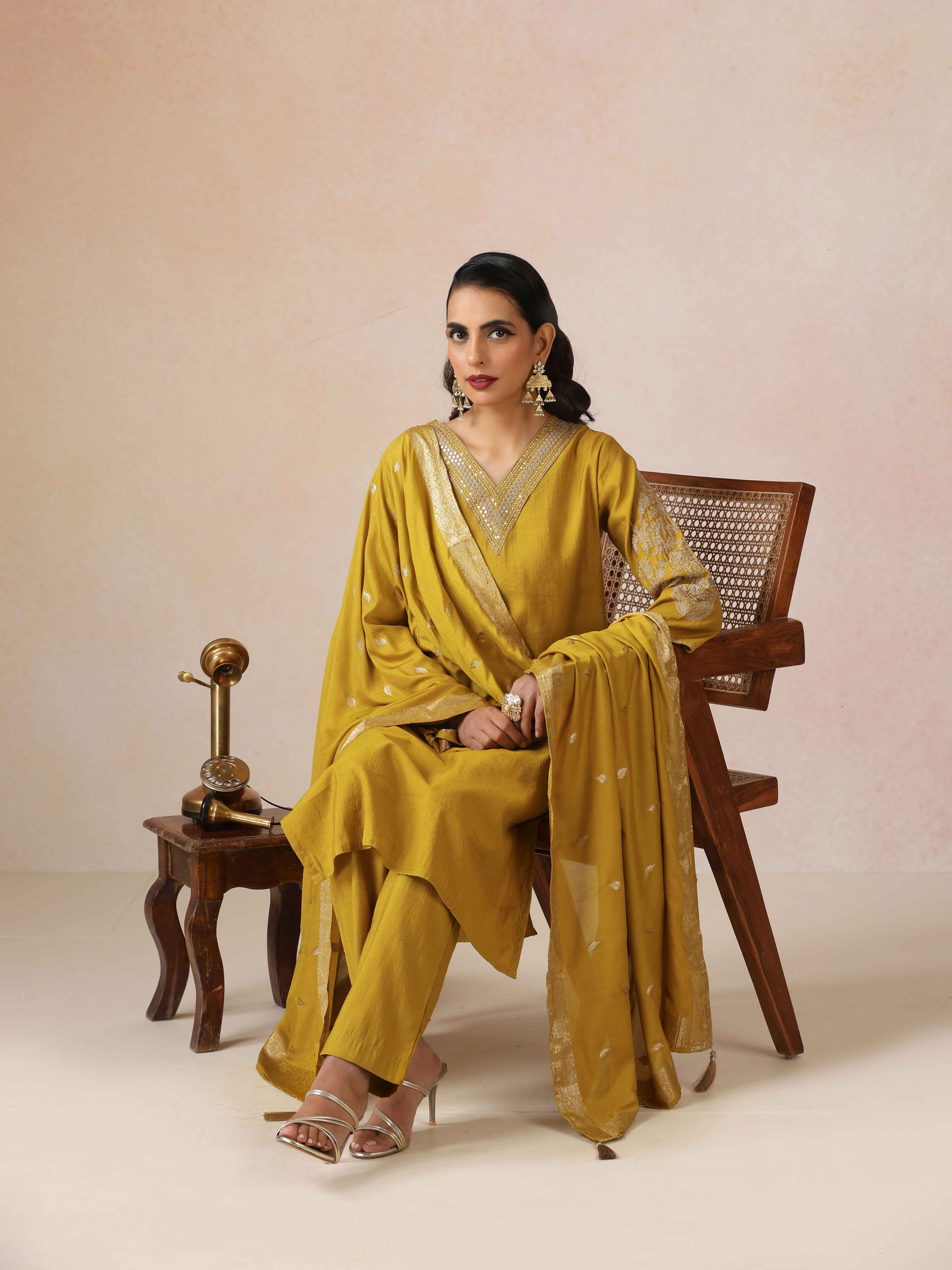 trueBrowns Mustard Embroidered Straight Kurta Pant Dupatta Set