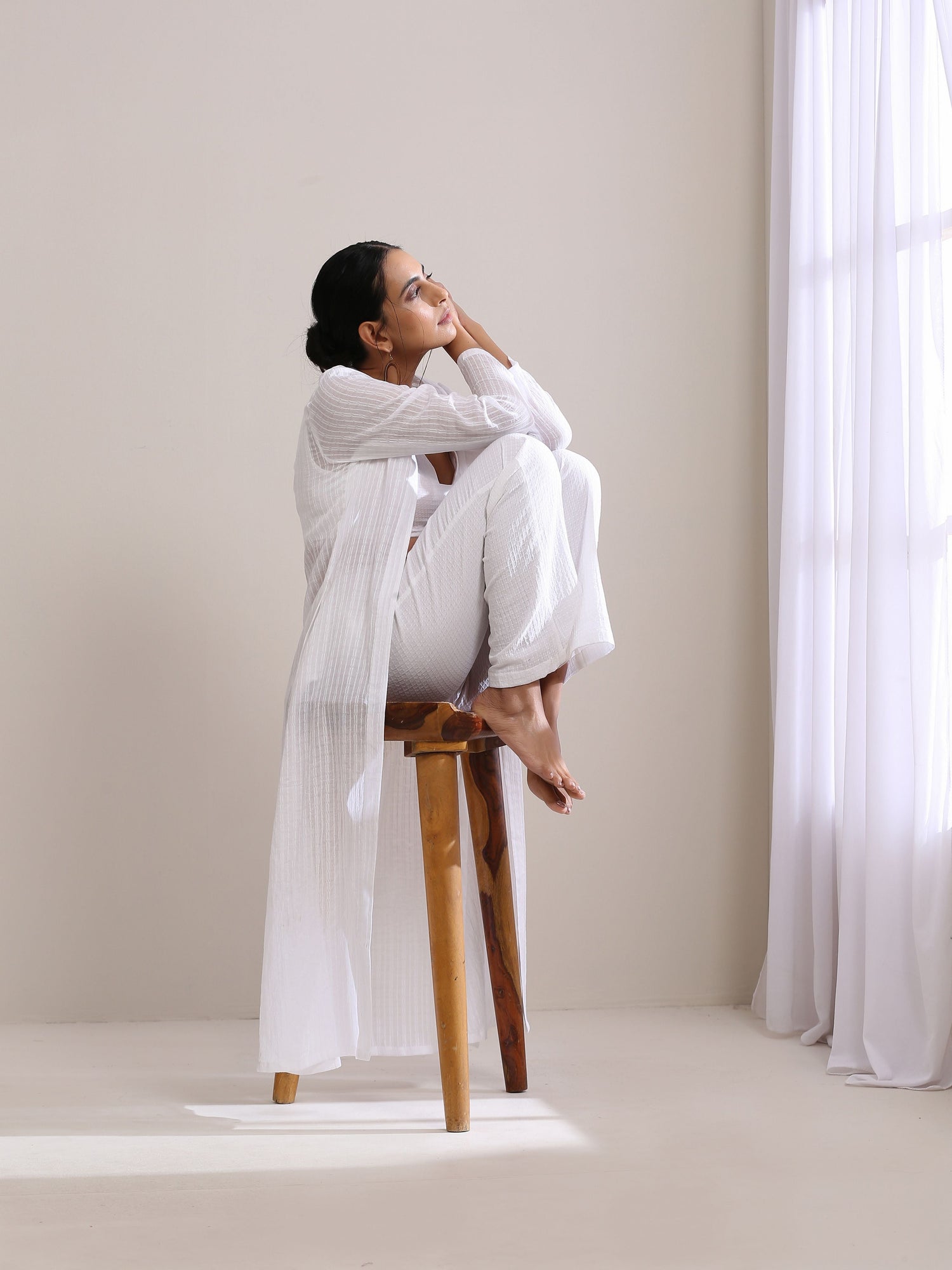 White Dobby Overlay Jacket Blouse Pant Set
