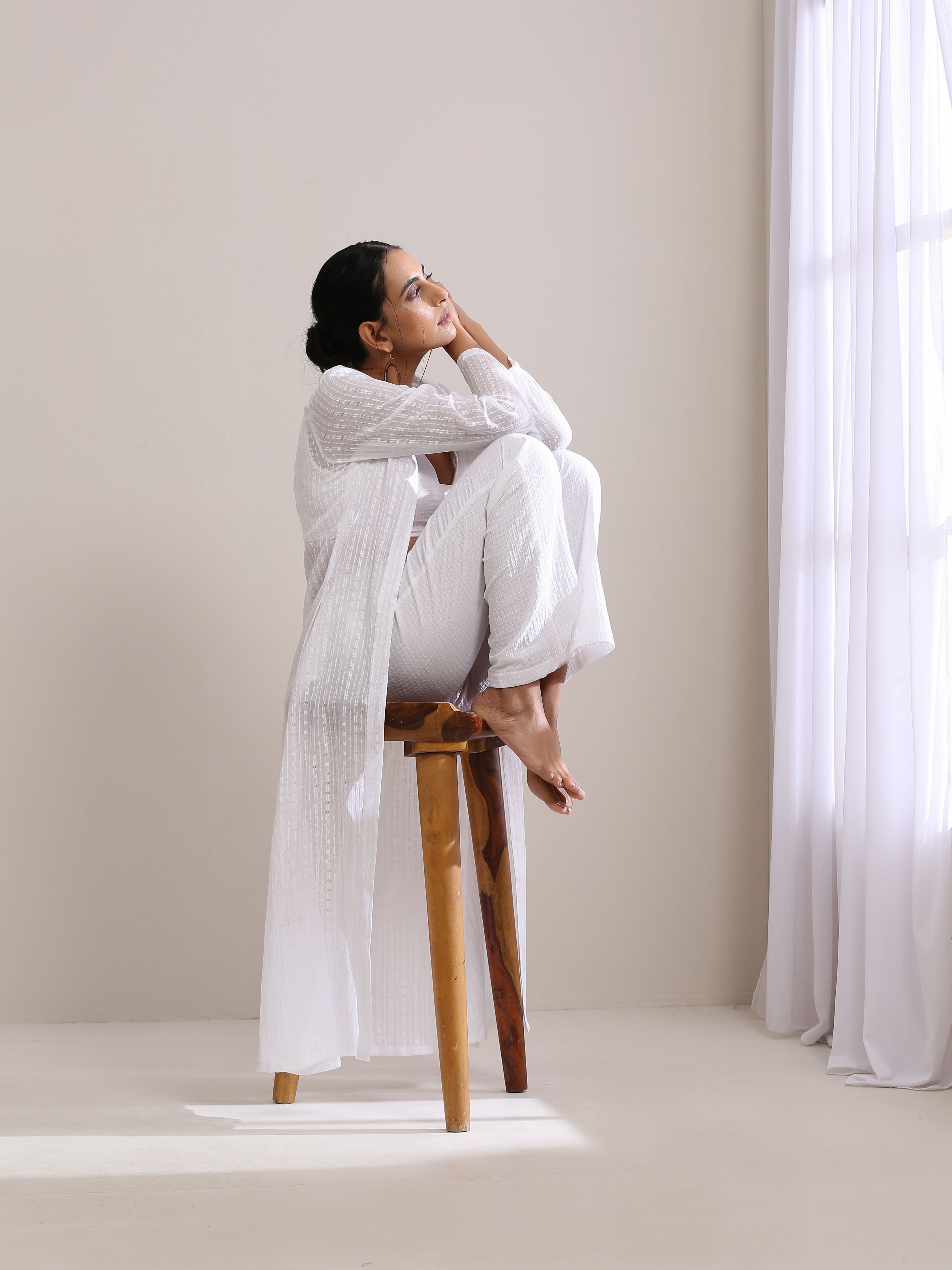 White Dobby Overlay Jacket Blouse Pant Set
